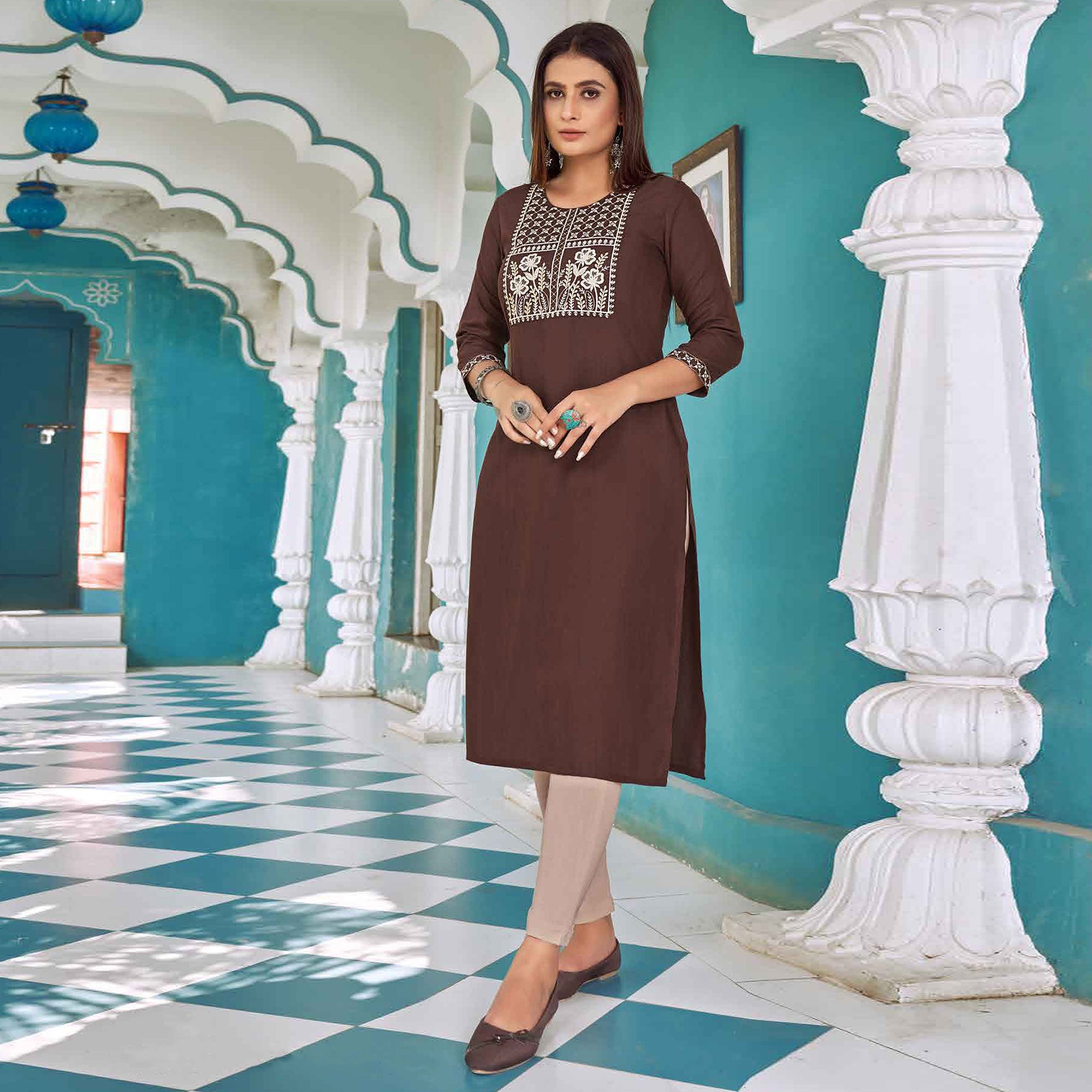 Brown Floral Embroidered Rayon Kurti