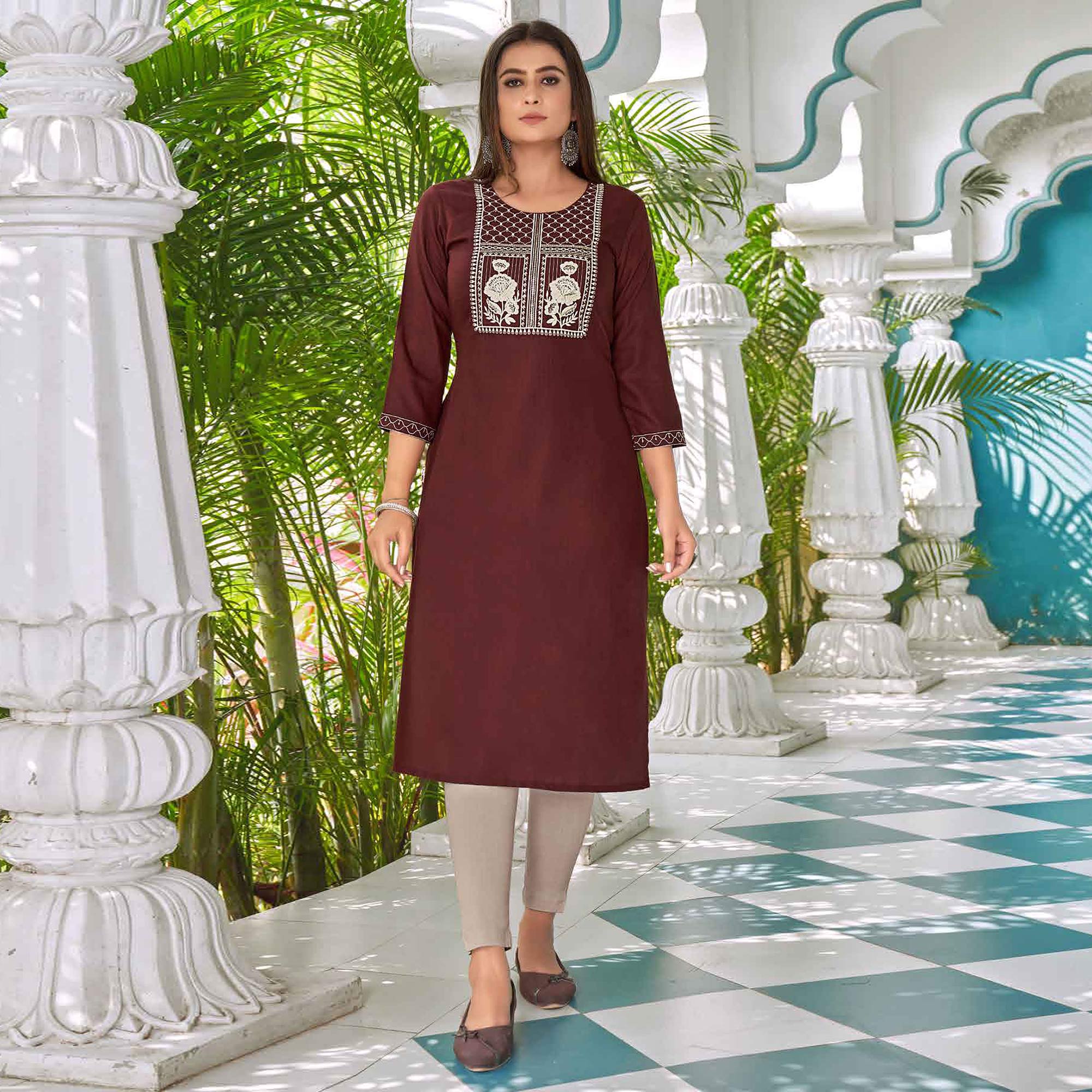 Rust Floral Embroidered Rayon Kurti