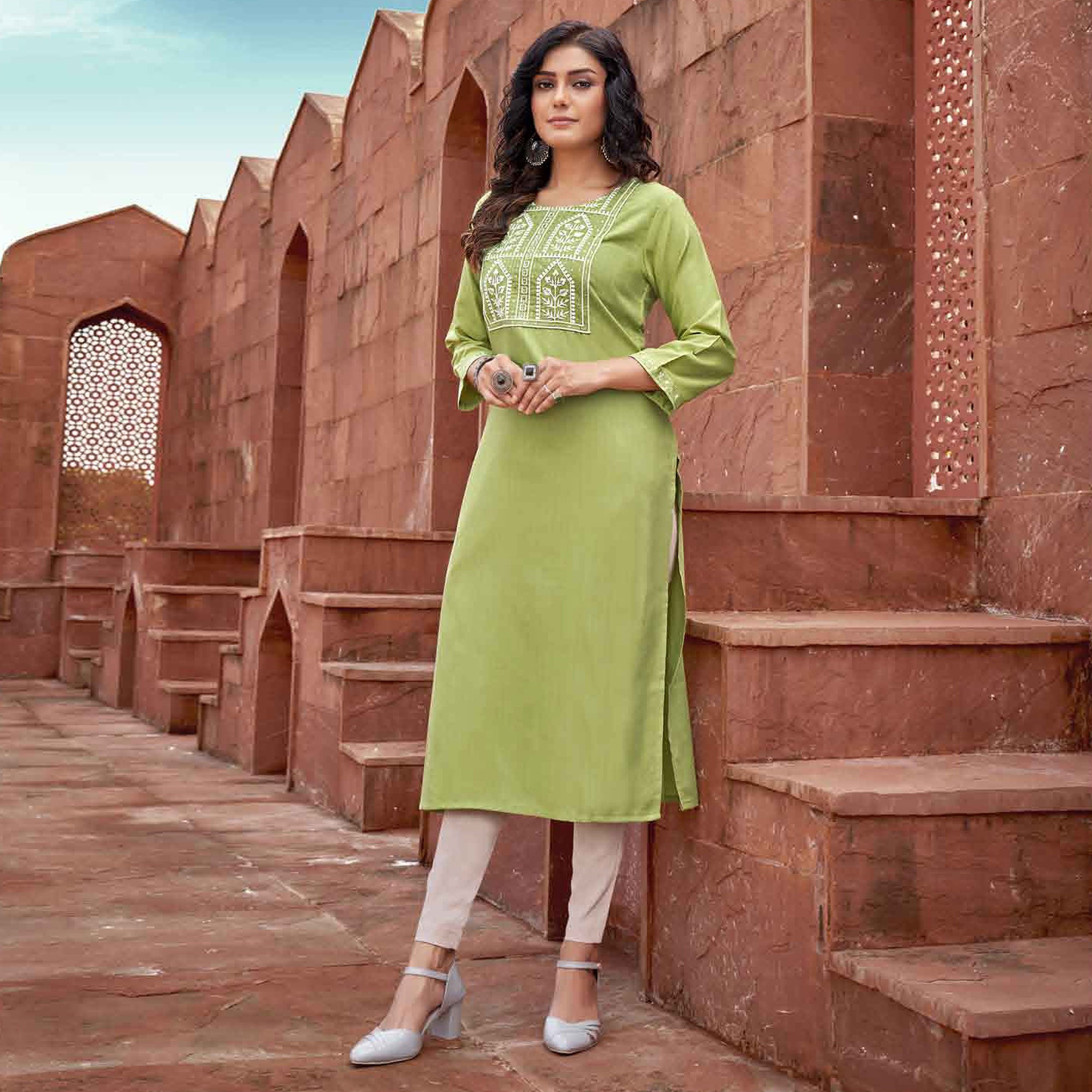 Green Floral Embroidered Rayon Kurti