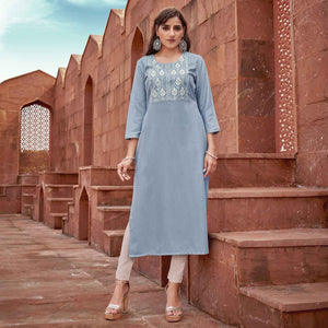 Sky Blue Floral Embroidered Rayon Kurti