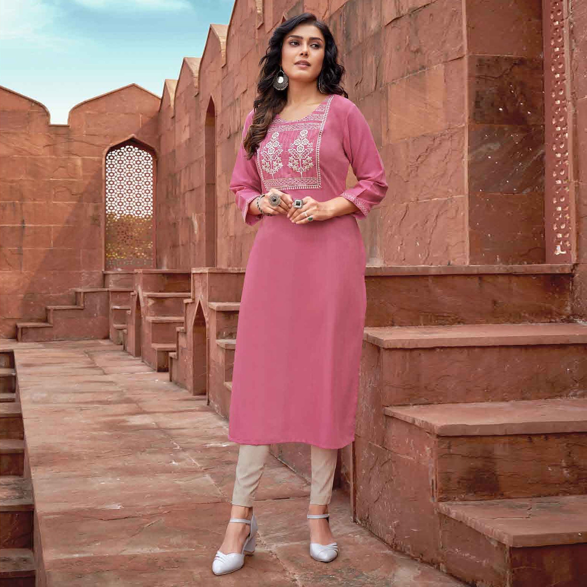 Pink Floral Embroidered Rayon Kurti