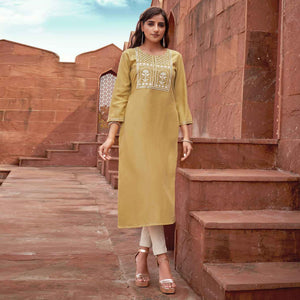 Mustard Floral Embroidered Rayon Kurti