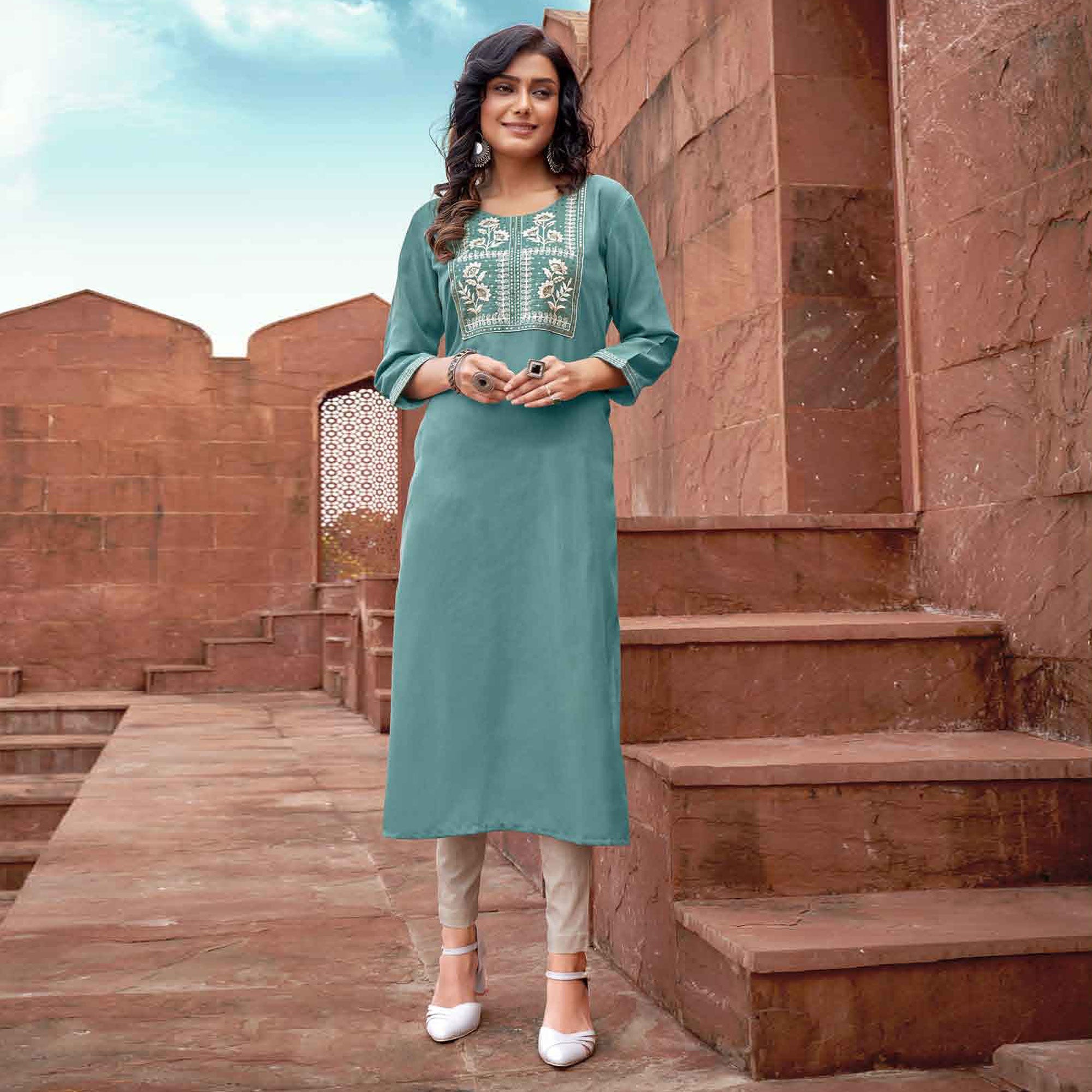 Blue Floral Embroidered Rayon Kurti