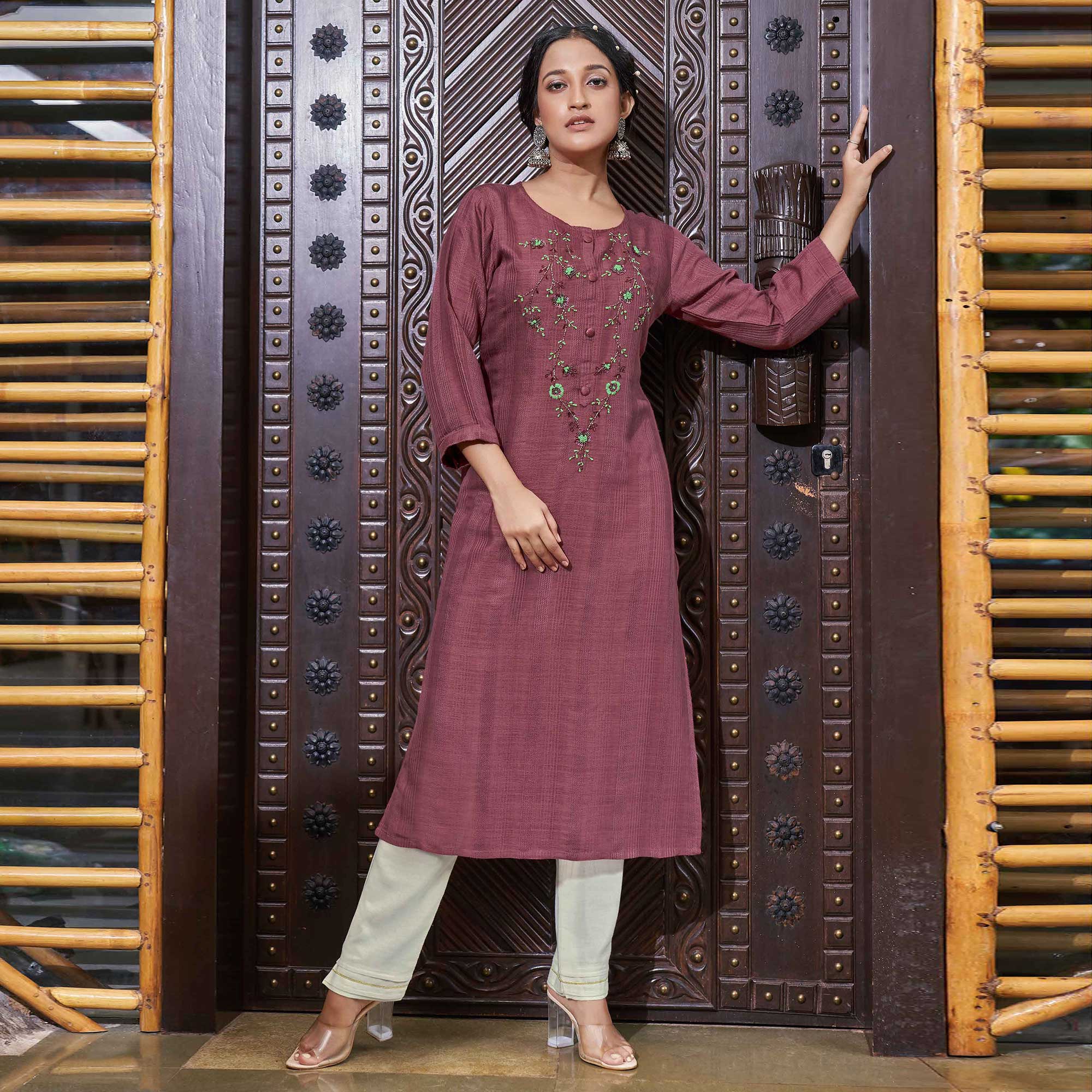 Dark Mauve  Floral Embroidered Rayon Kurti