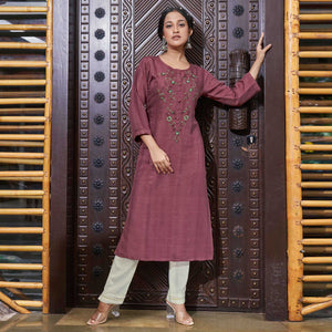 Dark Mauve  Floral Embroidered Rayon Kurti