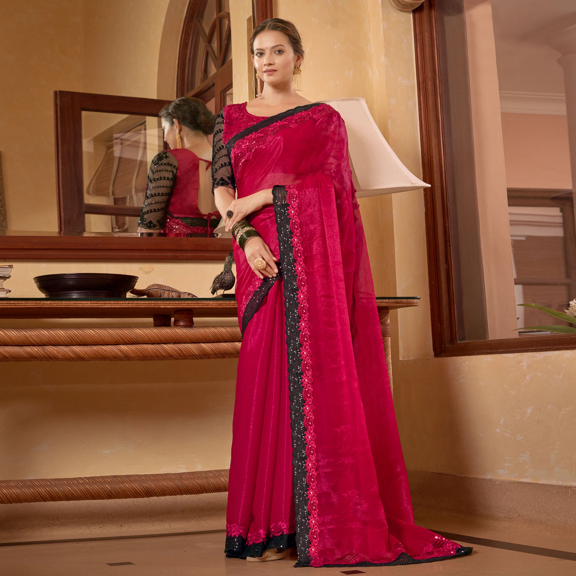 Rani Pink Sequins With Embroidered Chiffon Saree