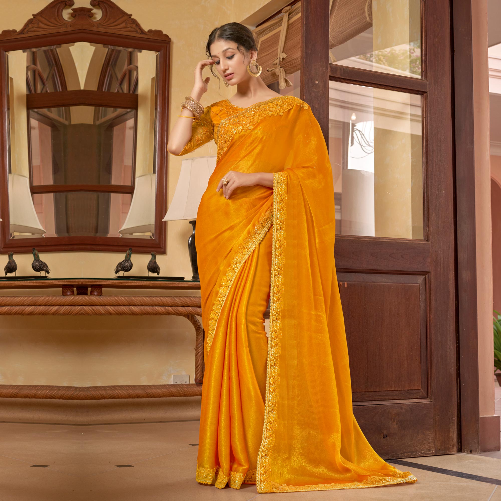 Yellow Sequins With Embroidered Chiffon Saree