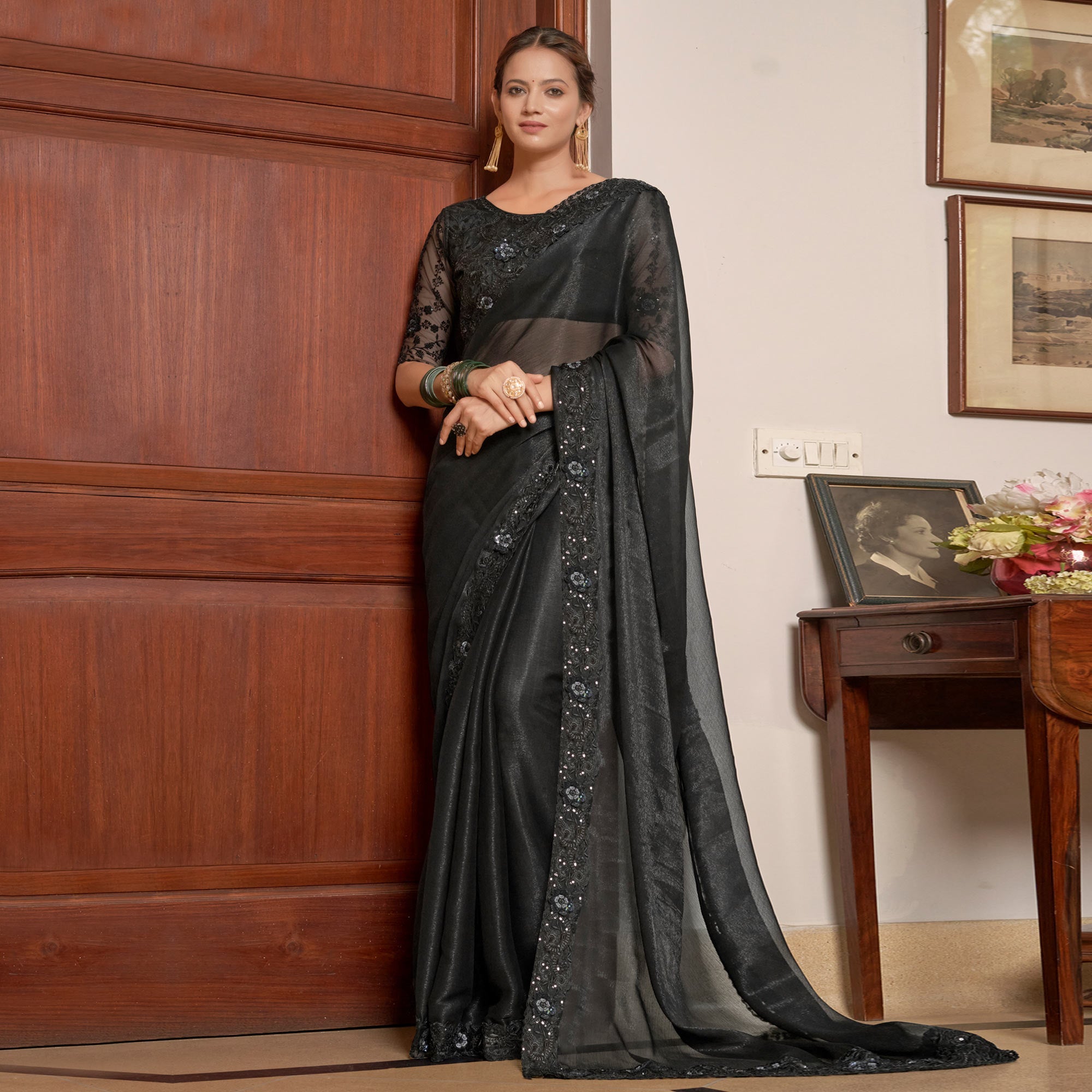 Black Sequins With Embroidered Chiffon Saree