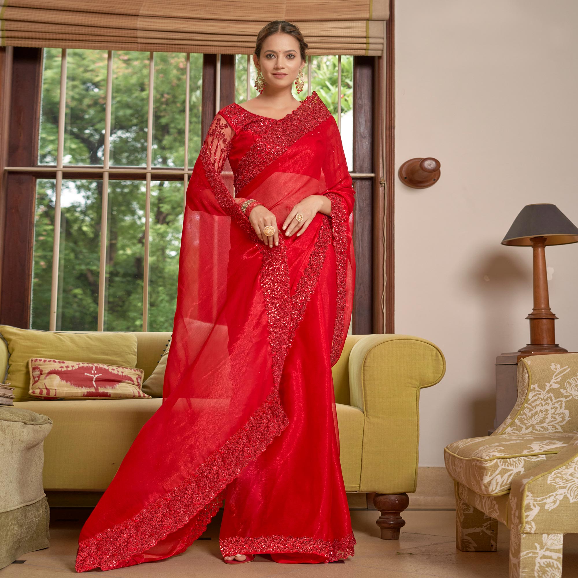 Red Sequins With Embroidered Chiffon Saree