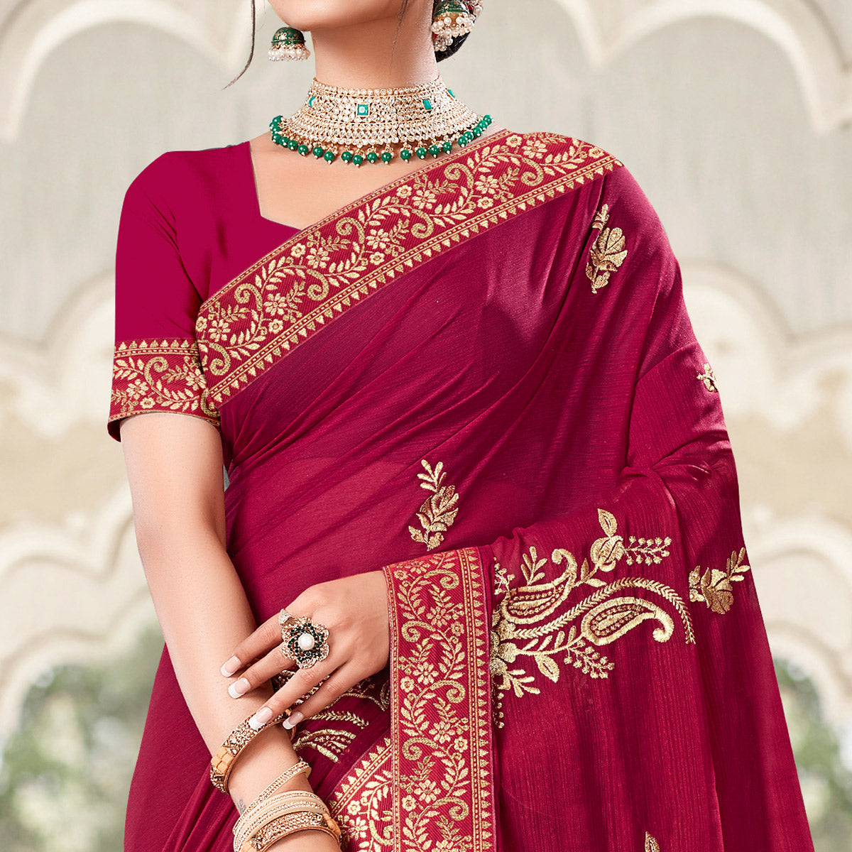 Maroon Floral Embroidered Georgette Saree