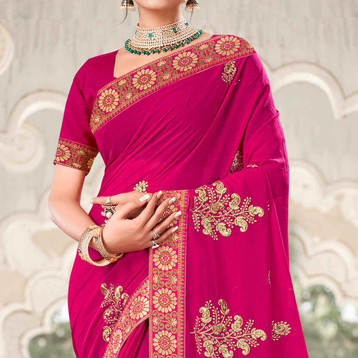 Rani Pink Floral Embroidered Georgette Saree