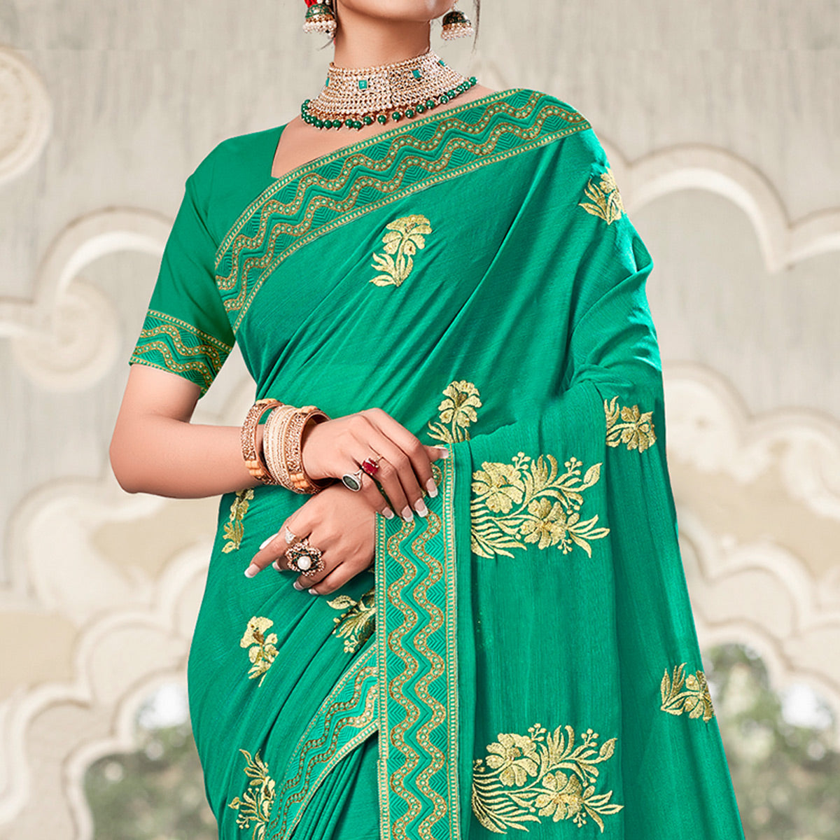 Sea Green Floral Embroidered Georgette Saree