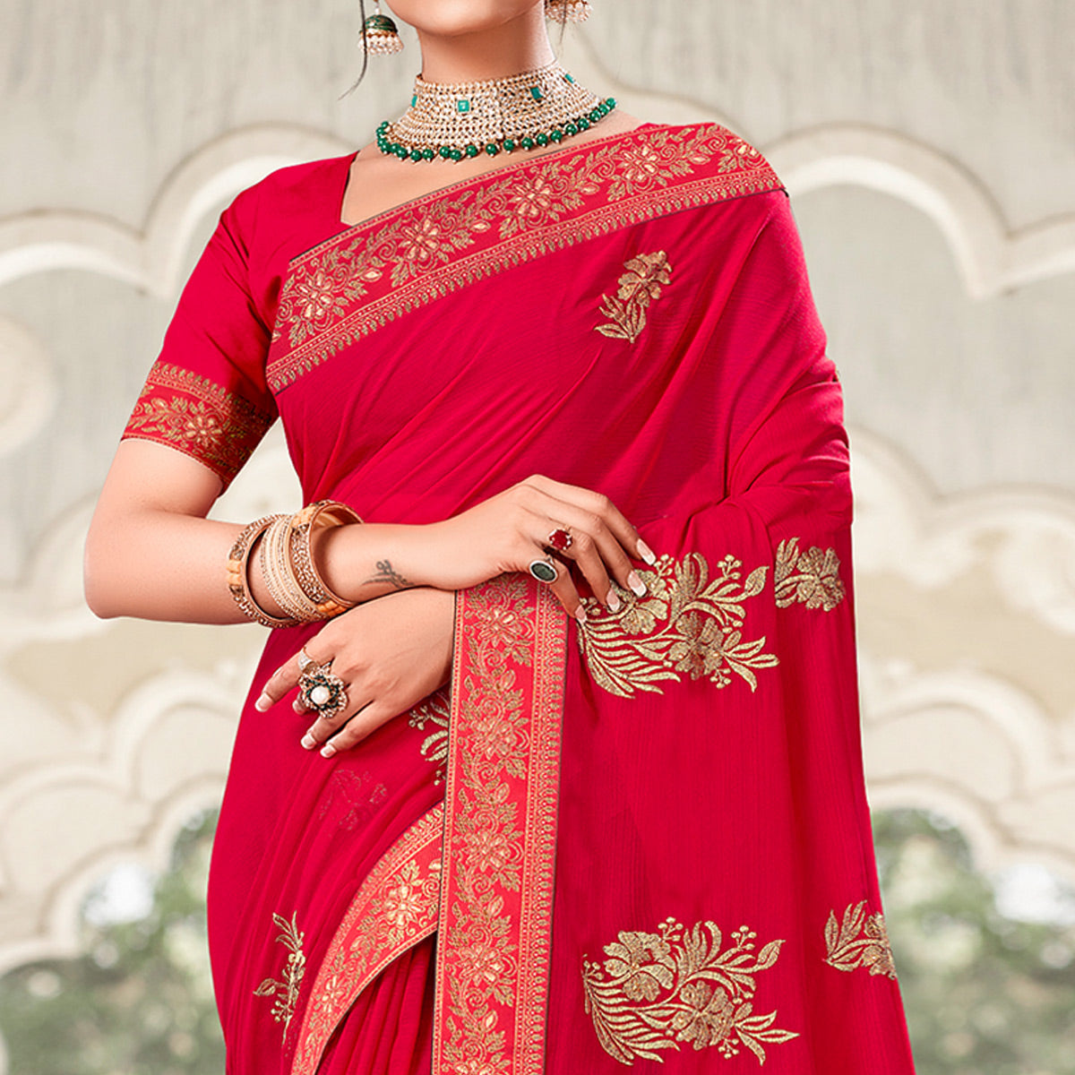 Red Floral Embroidered Georgette Saree