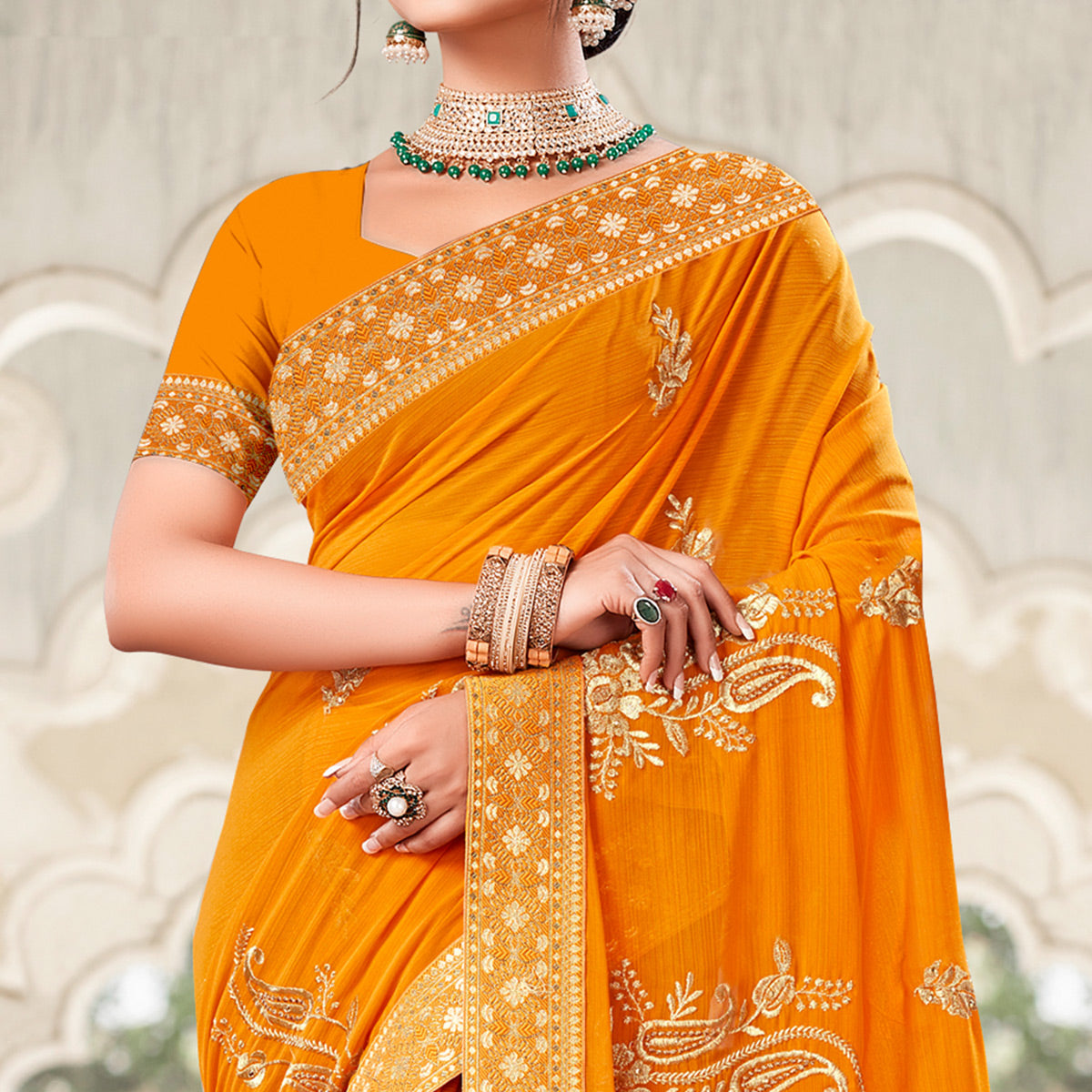 Mustard Floral Embroidered Georgette Saree