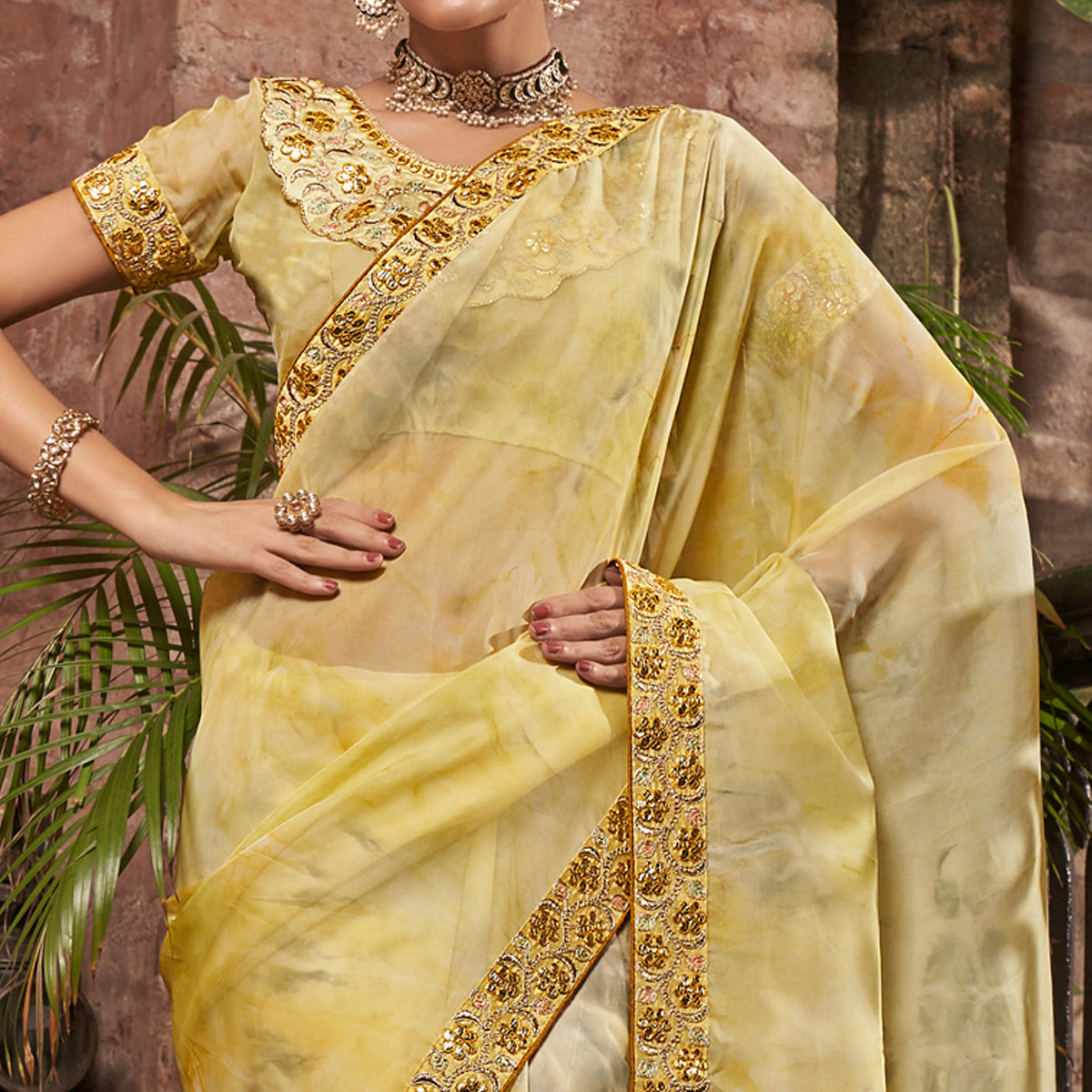 Yellow Abstract Printed With Embroidered Organza Saree