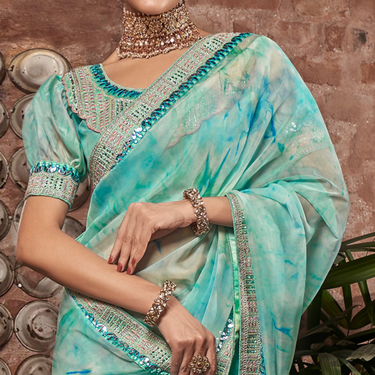 Turquoise Abstract Printed With Embroidered Organza Saree