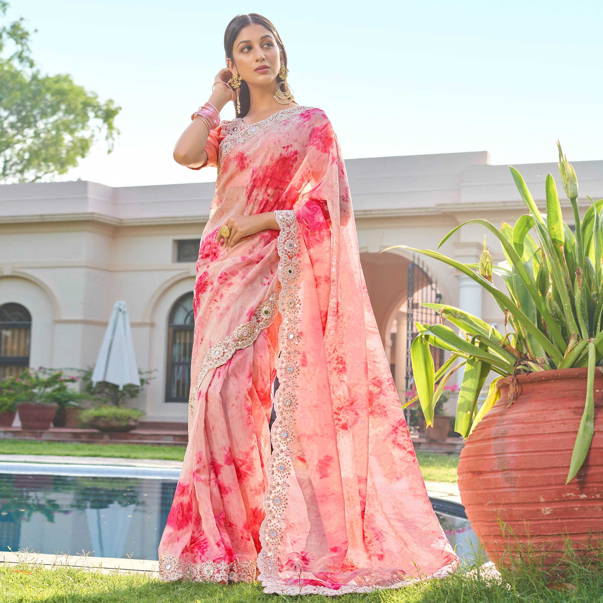 Pink Abstract Printed With Embroidered Organza Saree