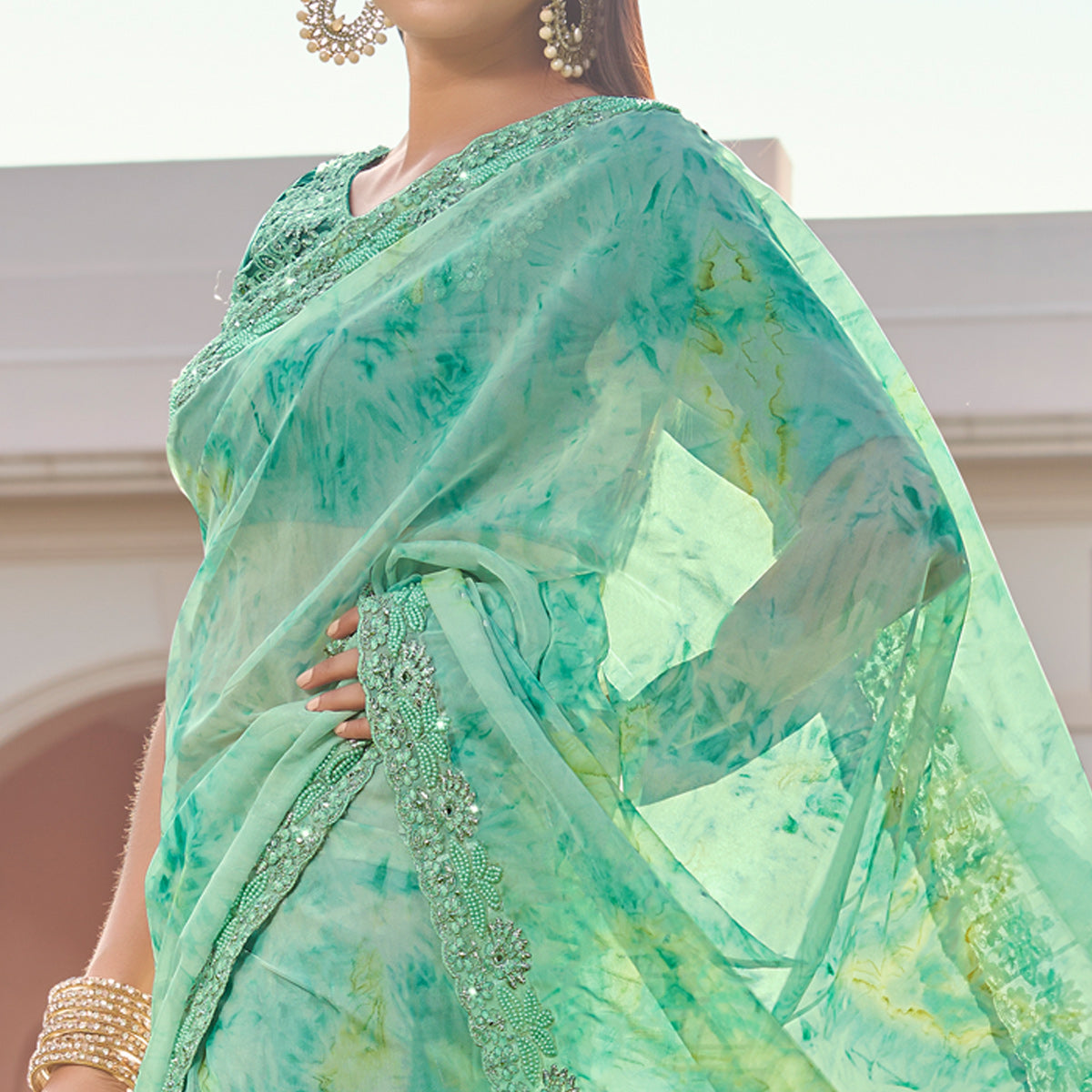 Turquoise Abstract Printed With Embroidered Organza Saree