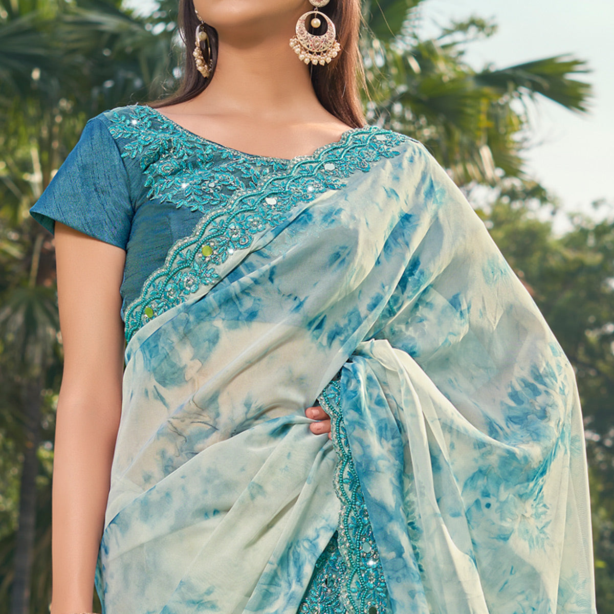 Blue Abstract Printed With Embroidered Organza Saree