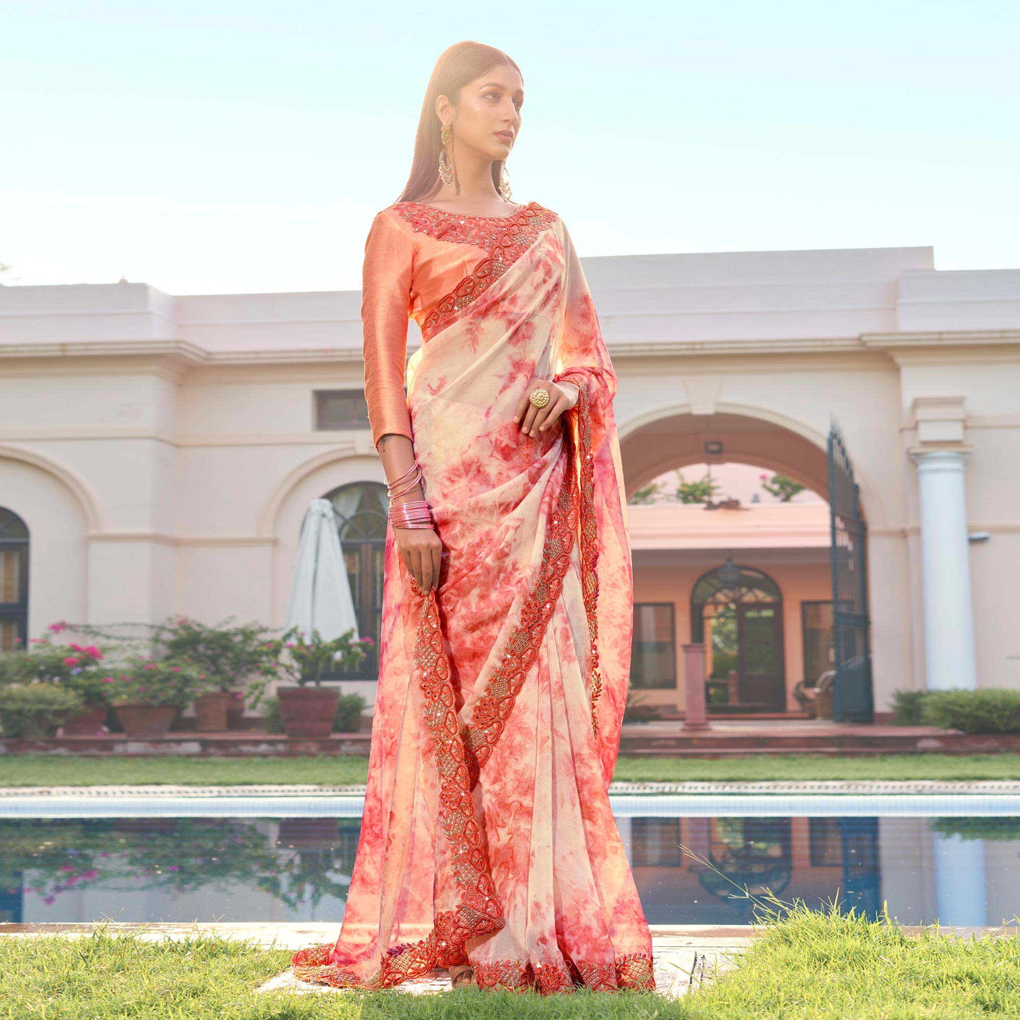 Peach Abstract Printed With Embroidered Organza Saree