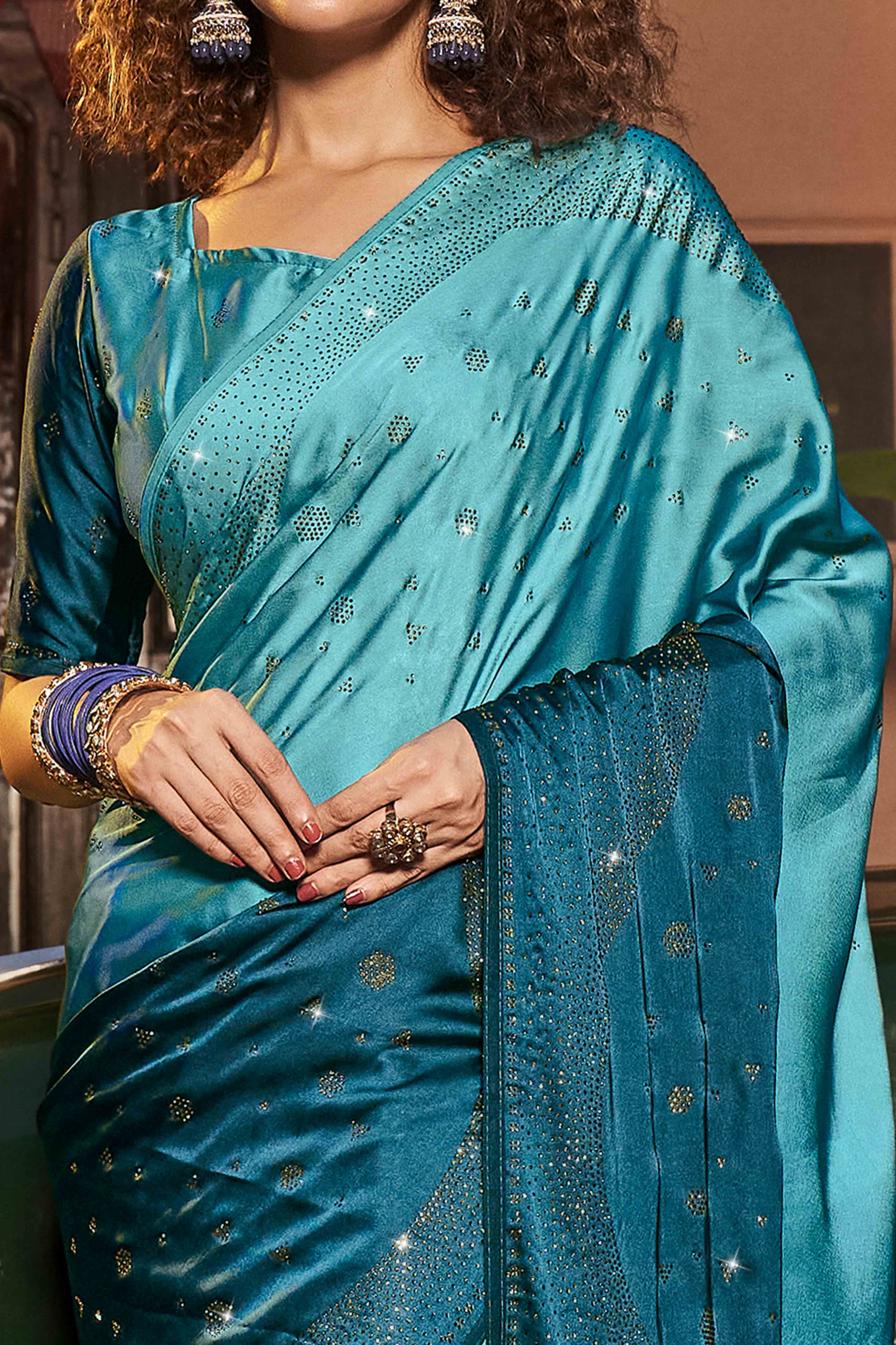 Teal Swarovski Work Embroidered Ombre Satin Saree