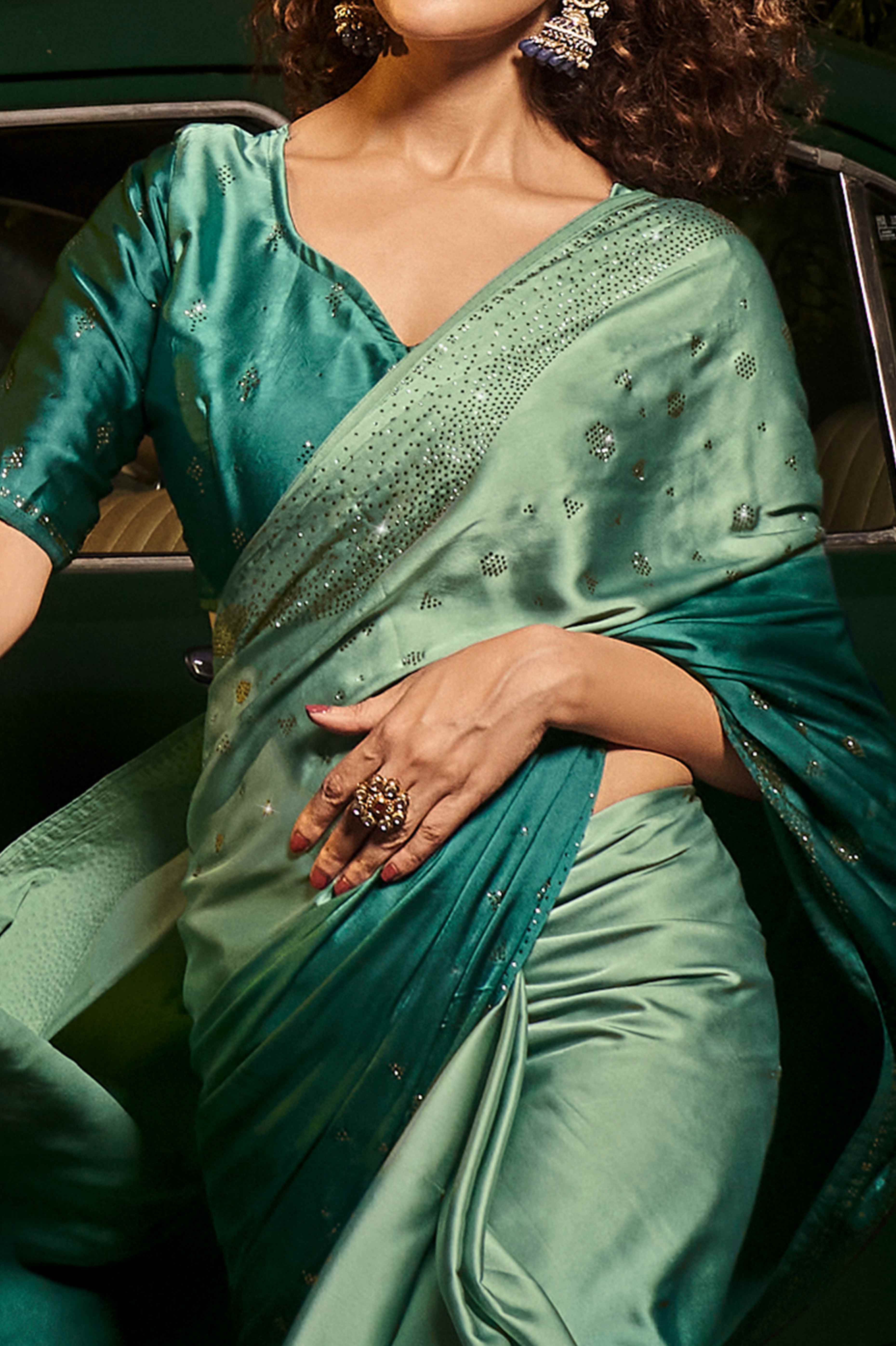 Green Swarovski Work Embroidered Ombre Satin Saree