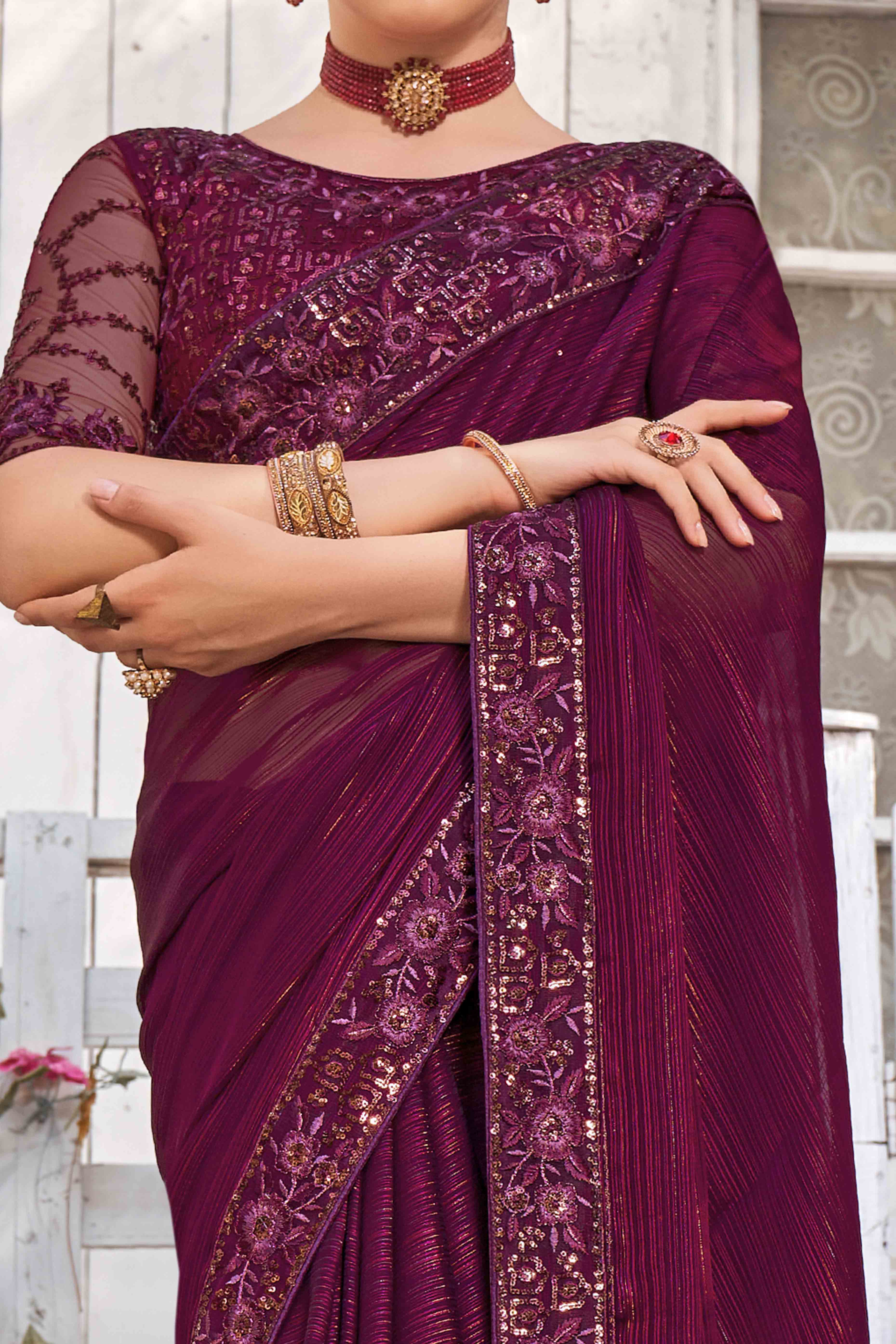 Wine Sequins With Floral Embroidered Georgette Saree