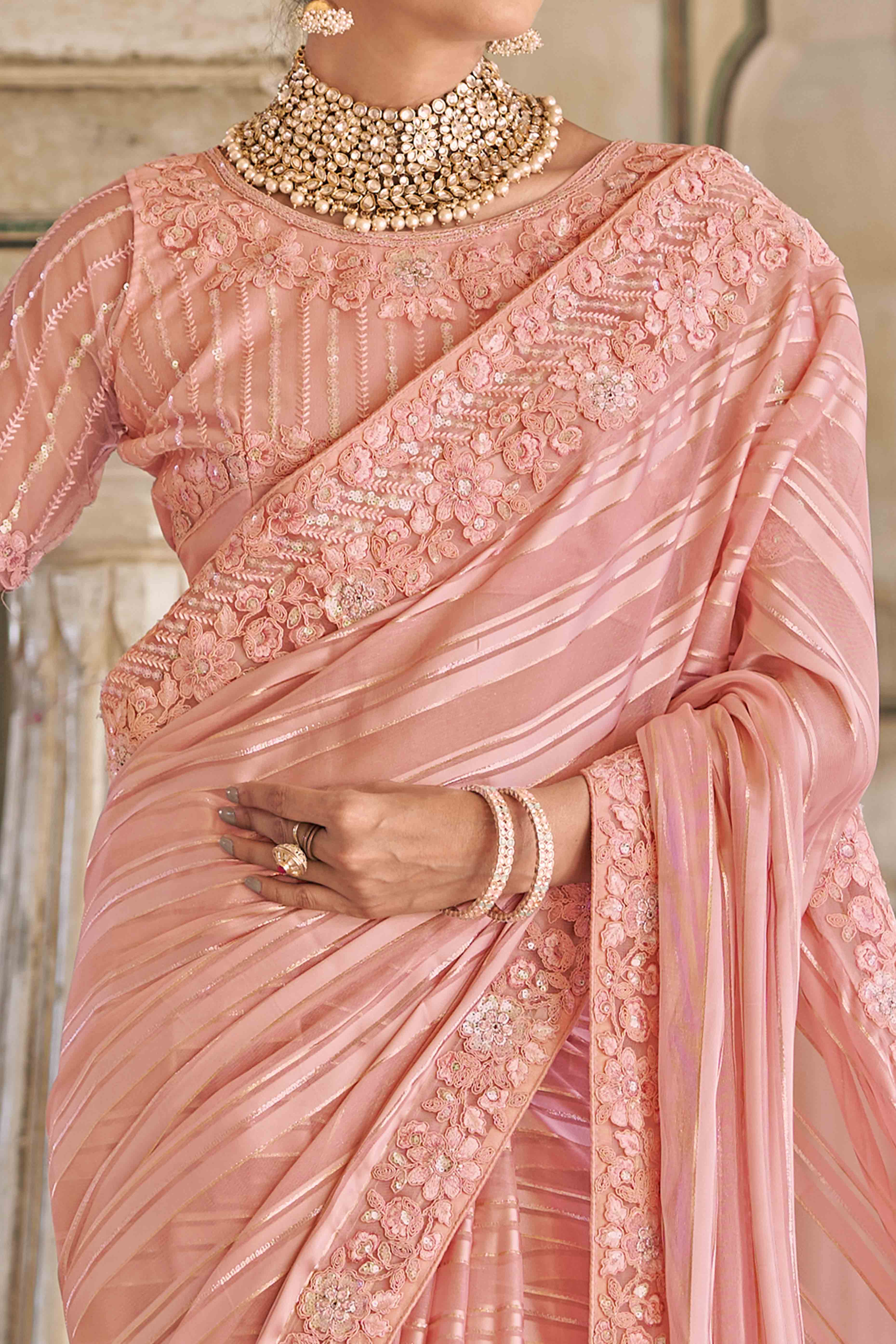 Peach Sequins Embroidered Georgette Saree