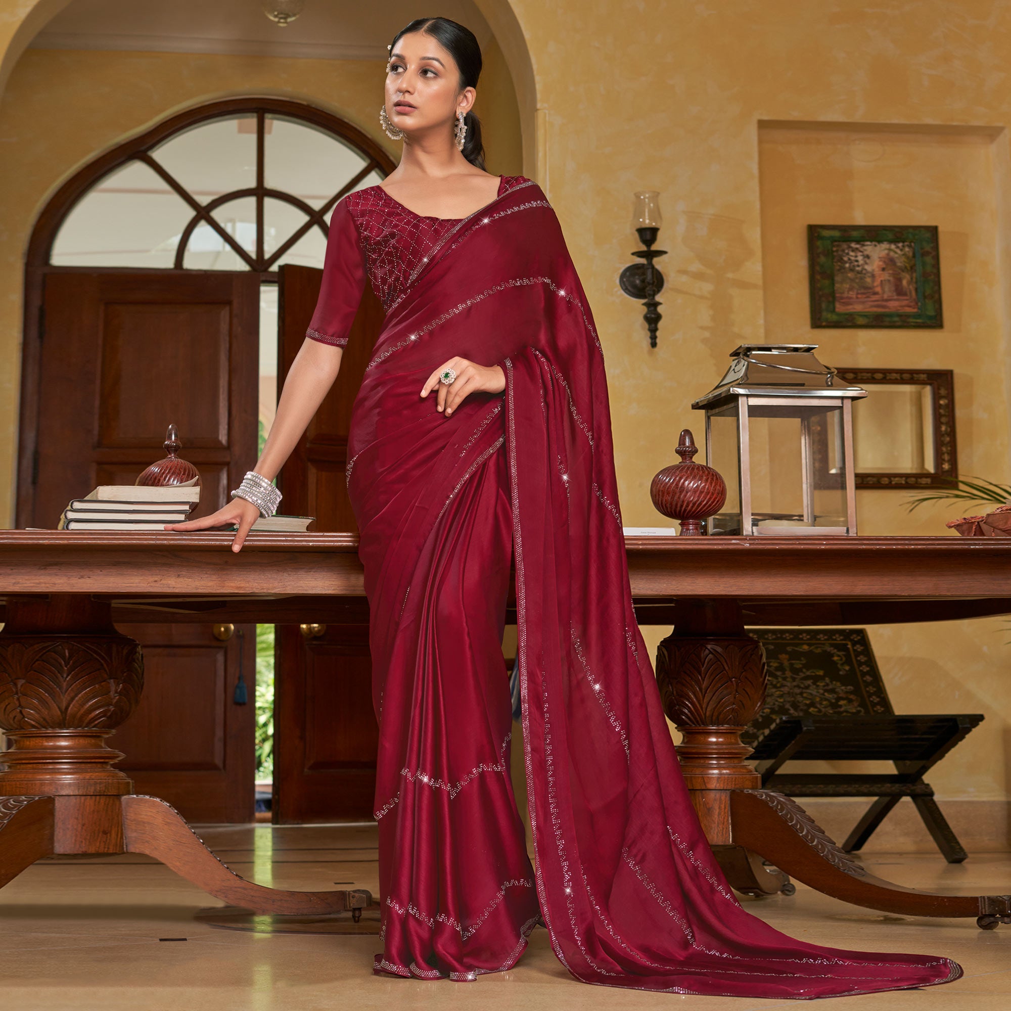 Maroon Swarovski Work Georgette Saree