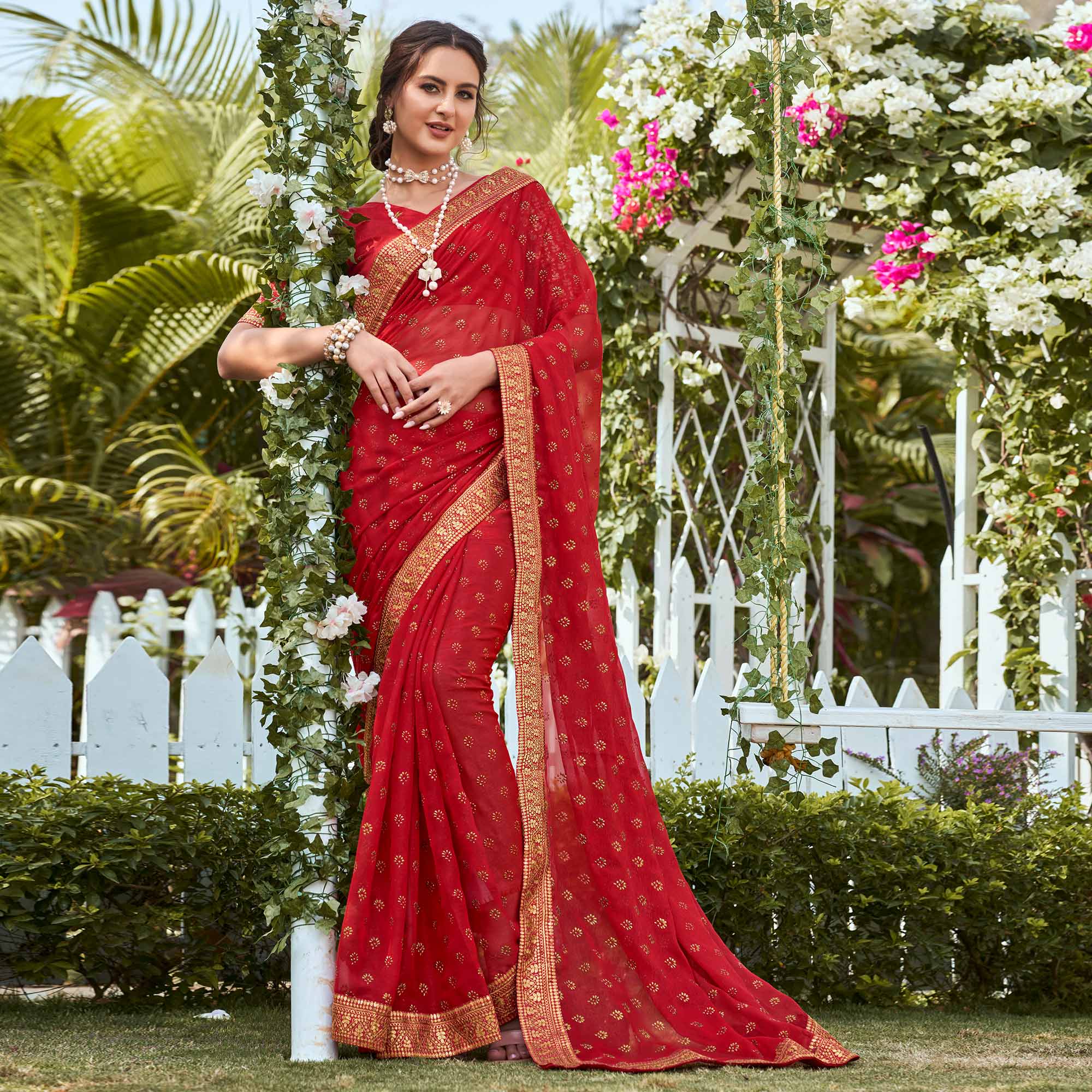 Red Foil Printed Georgette Saree With Embroidered Border