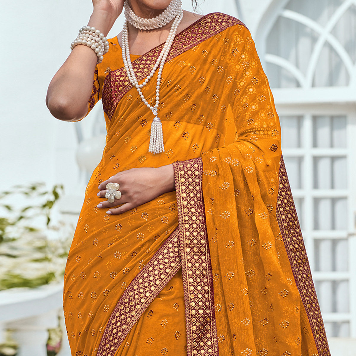 Mustard Foil Printed Georgette Saree With Embroidered Border