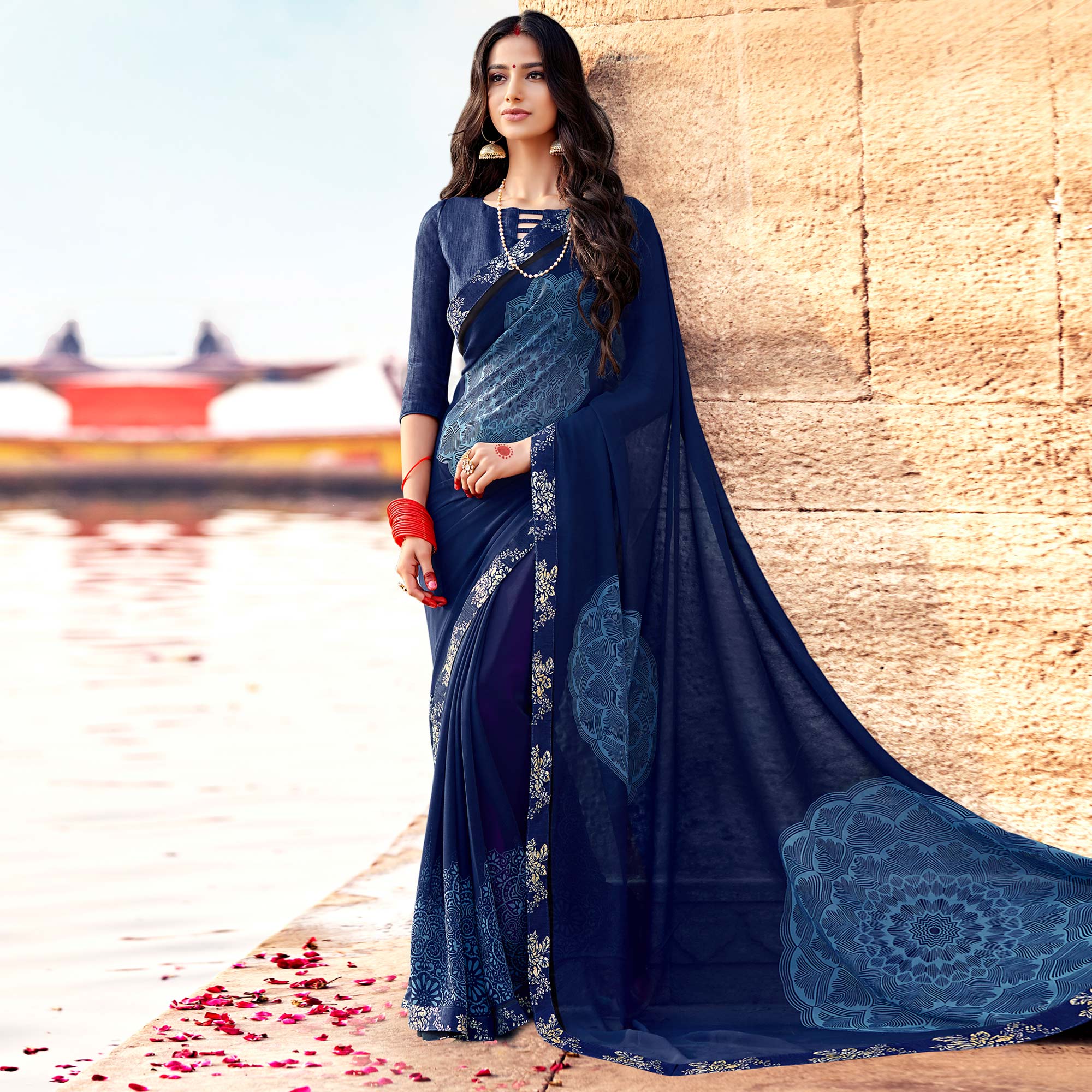 Navy Blue Floral Printed Georgette Saree