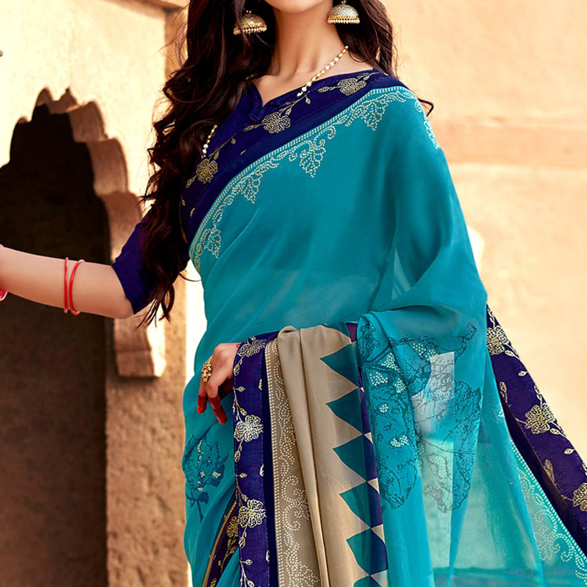 Sky Blue Floral Printed Georgette Saree