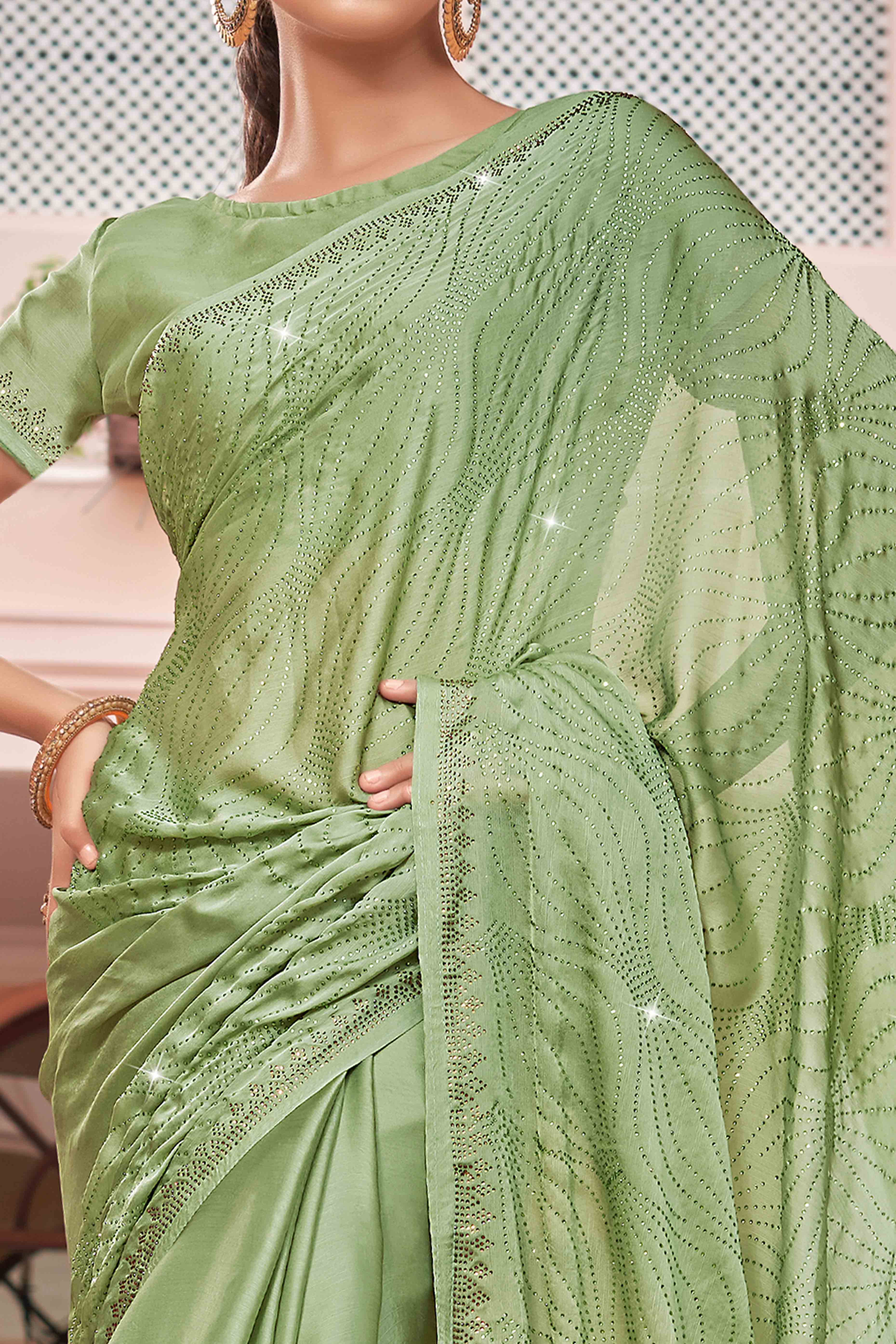 Green Swarovski Work Embroidered Satin Saree
