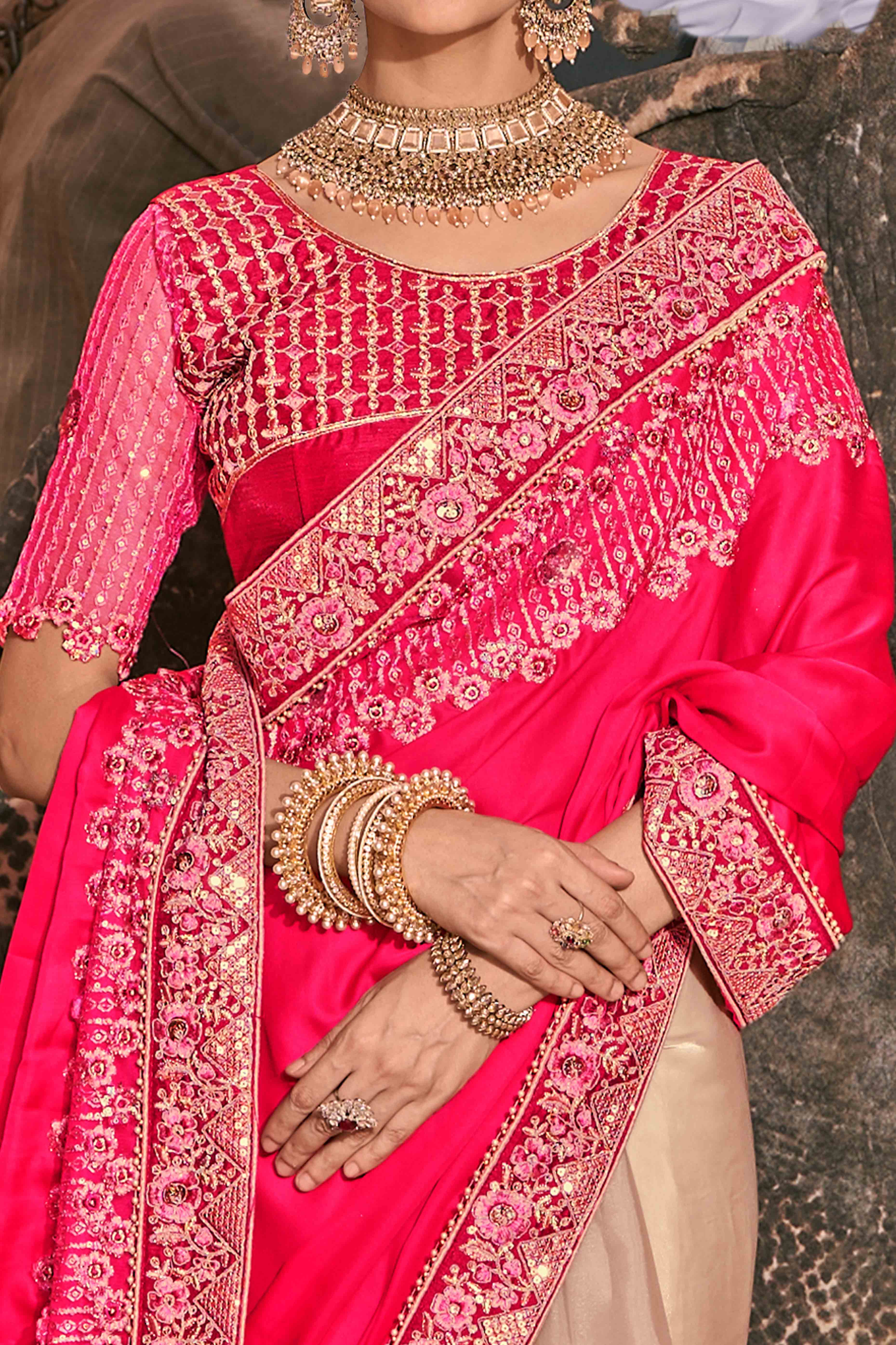 Pink And Peach Sequins With Floral Embroidered Organza Saree