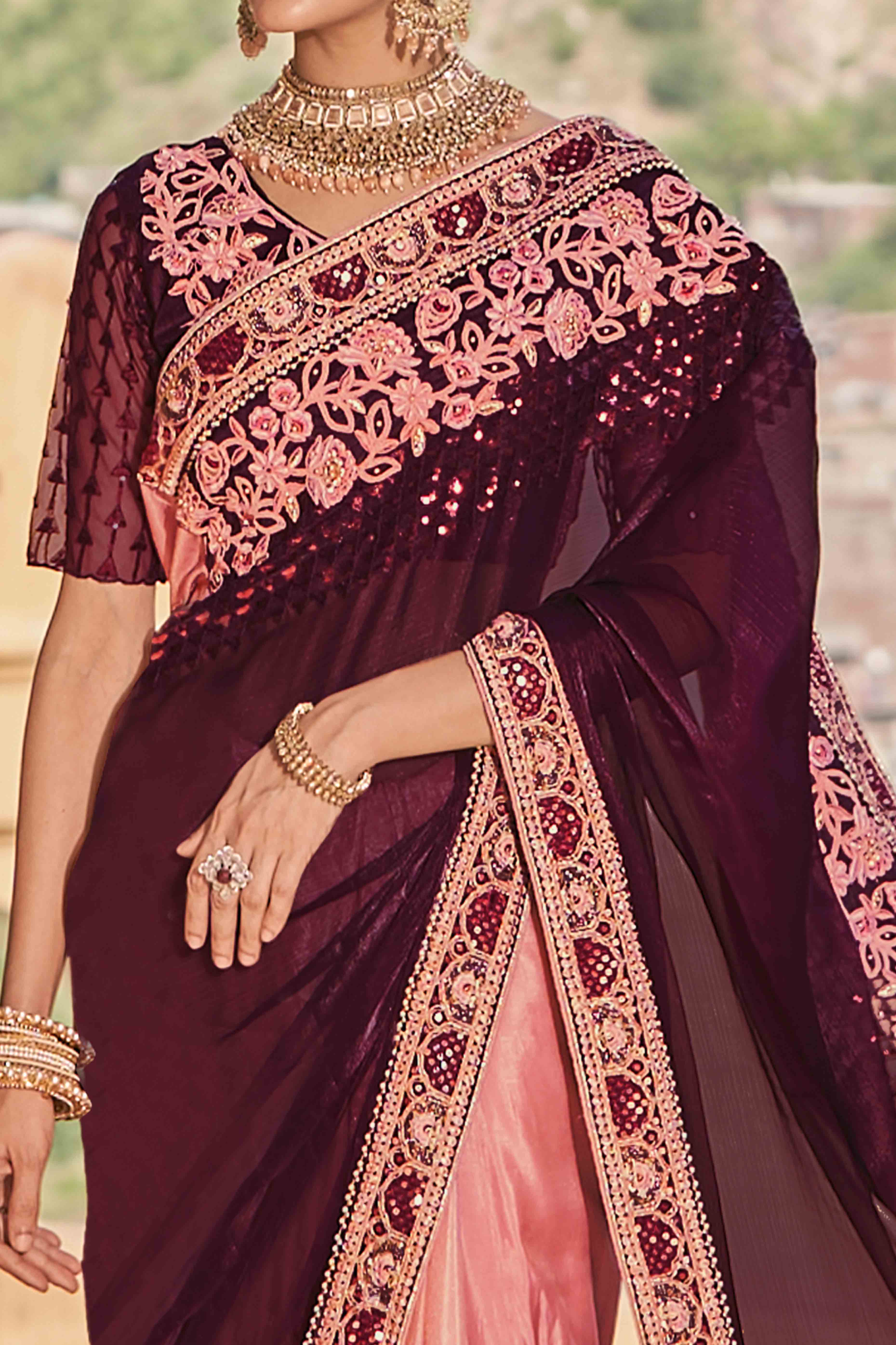 Wine And Pink Sequins With Floral Embroidered Organza Saree