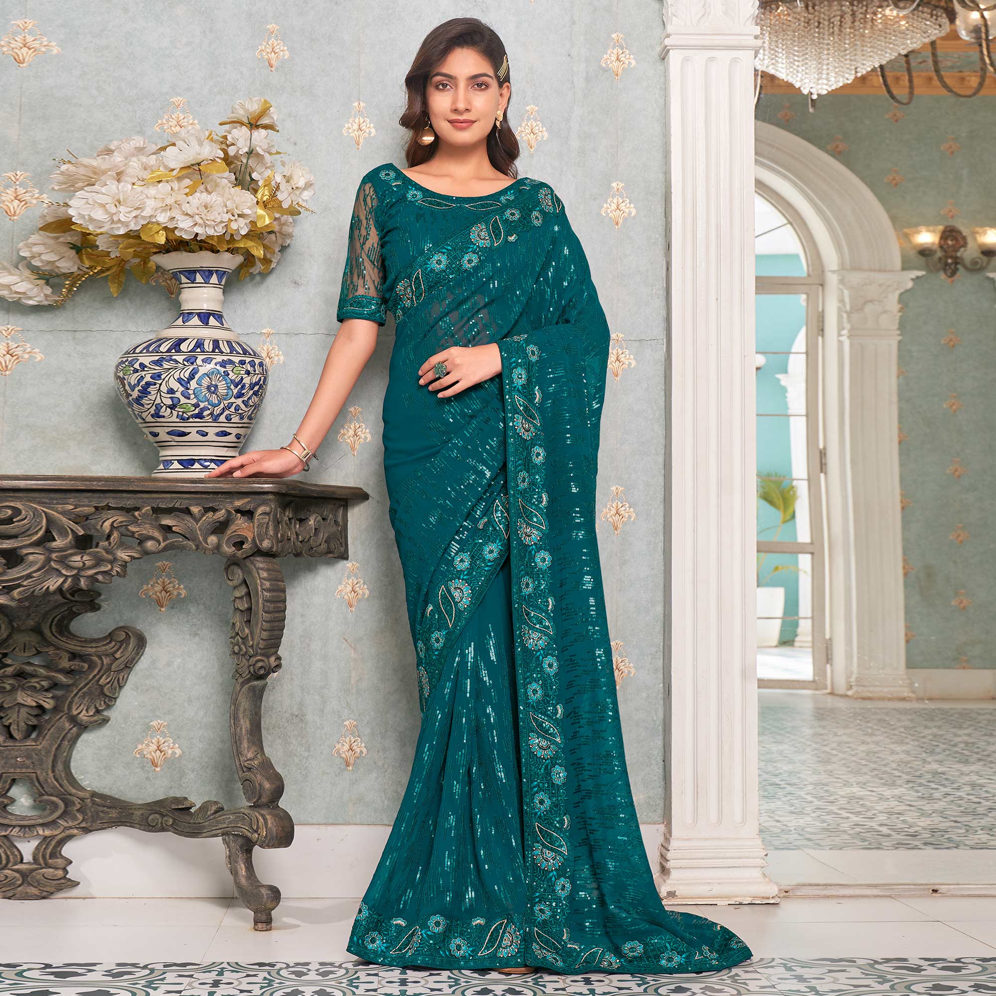 Teal Sequins Embroidered Georgette Saree