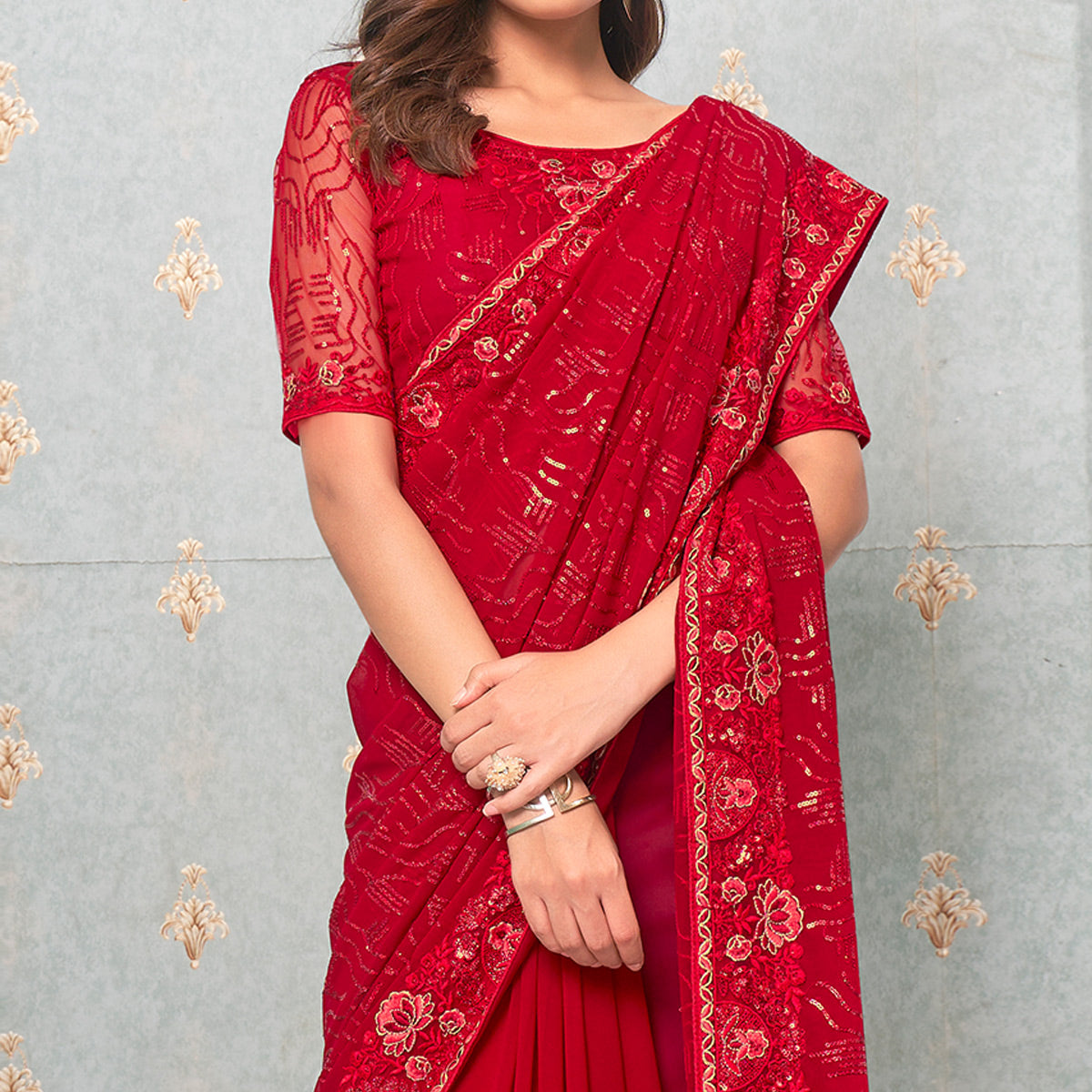 Pink Sequins Embroidered Georgette Saree