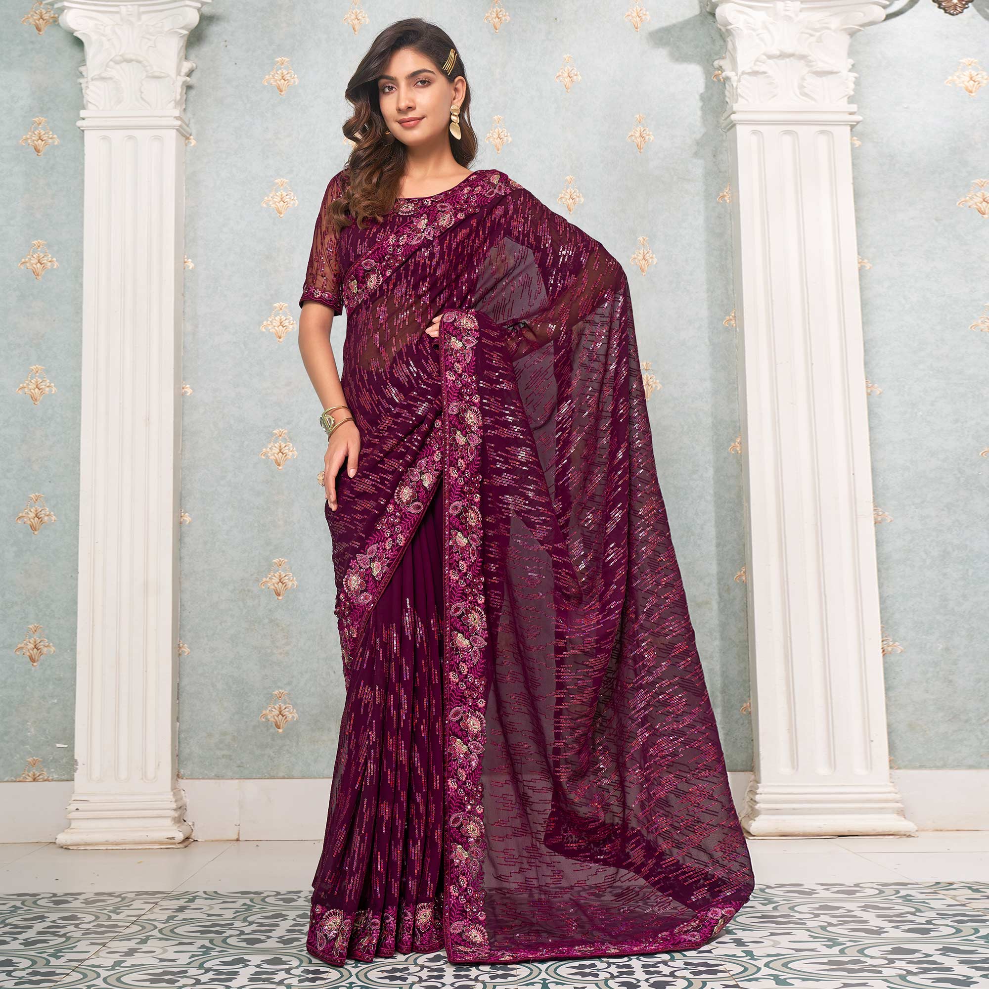 Wine Sequins Embroidered Georgette Saree