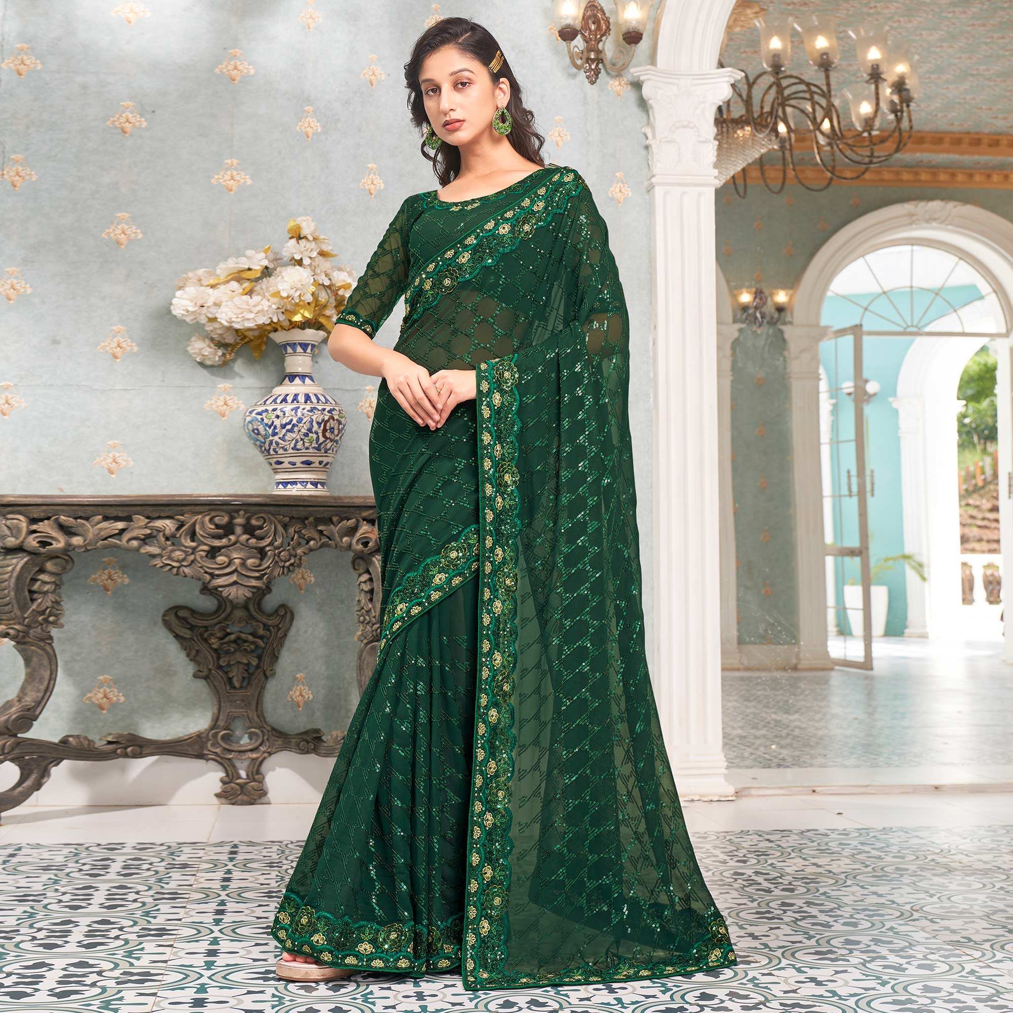 Green Sequins Embroidered Georgette Saree