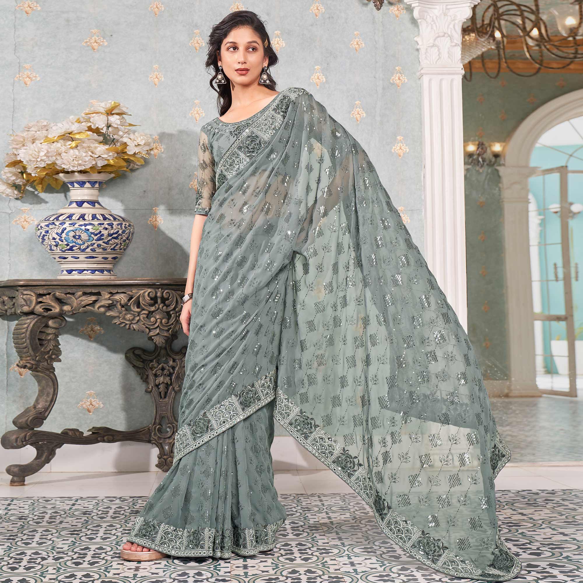 Grey Sequins Embroidered Georgette Saree