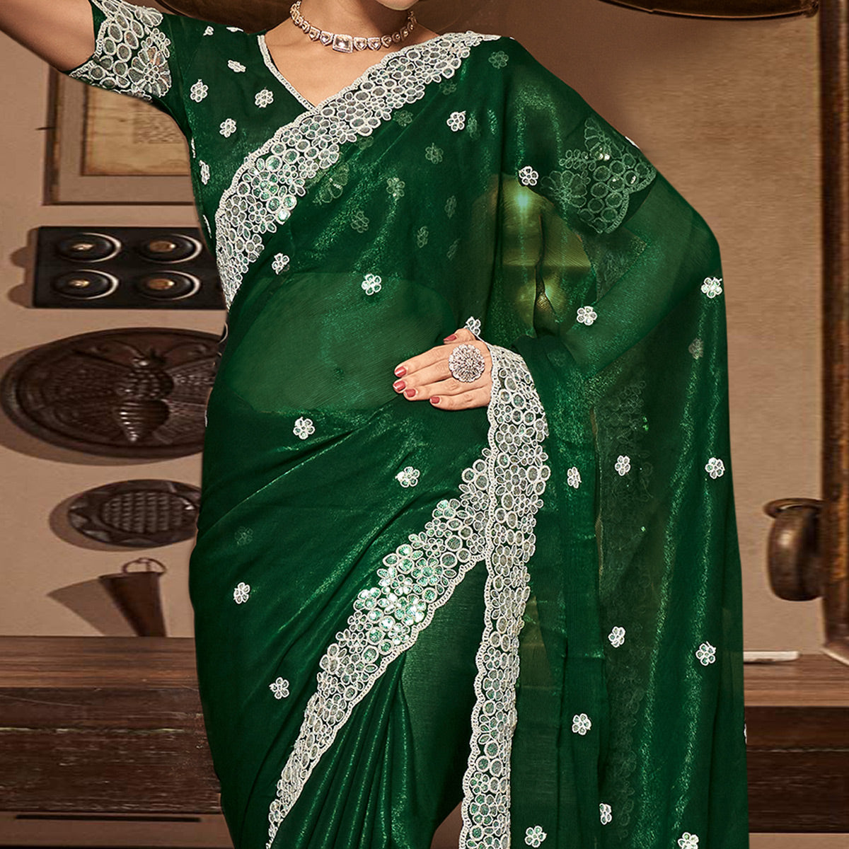 Bottle Green Sequins With Embroidered Chiffon Saree