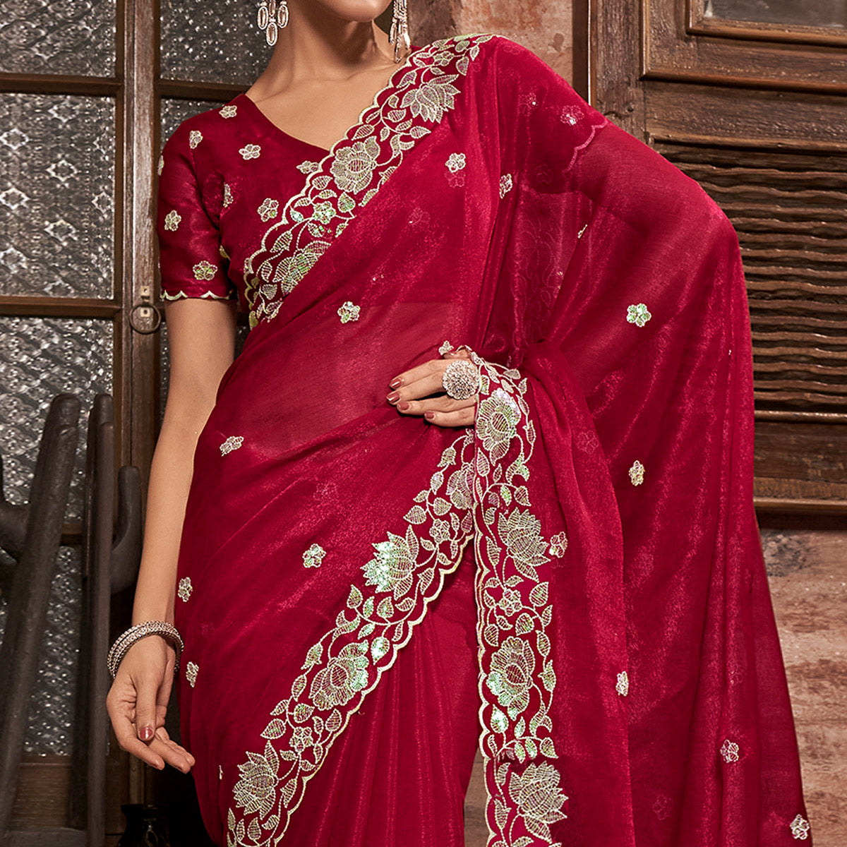 Red Sequins With Embroidered Chiffon Saree