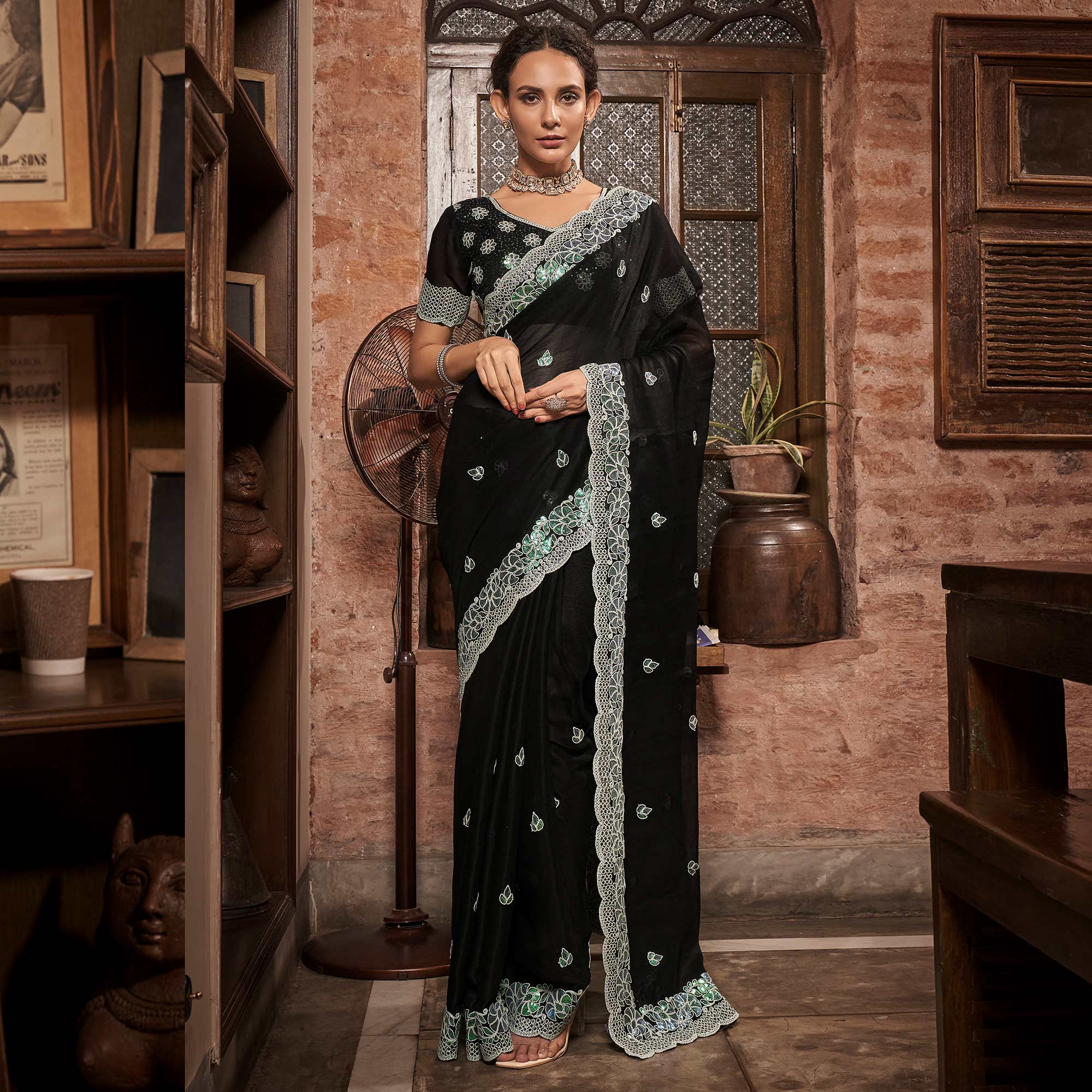 Black Sequins With Embroidered Chiffon Saree