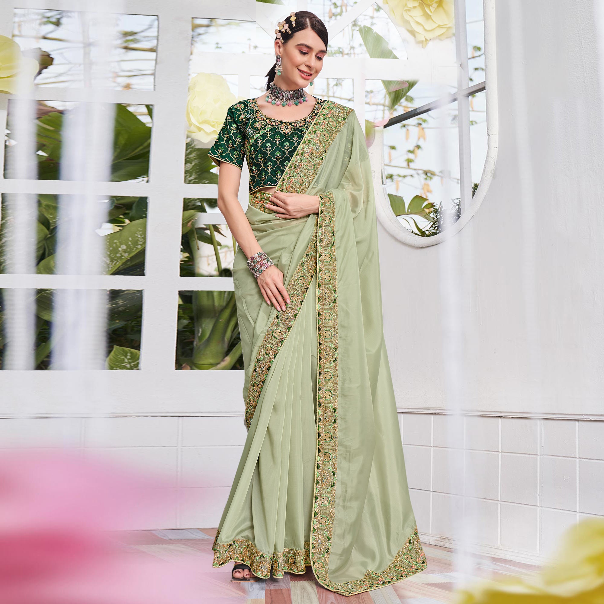 Green Solid With Embroidered Border Organza Saree