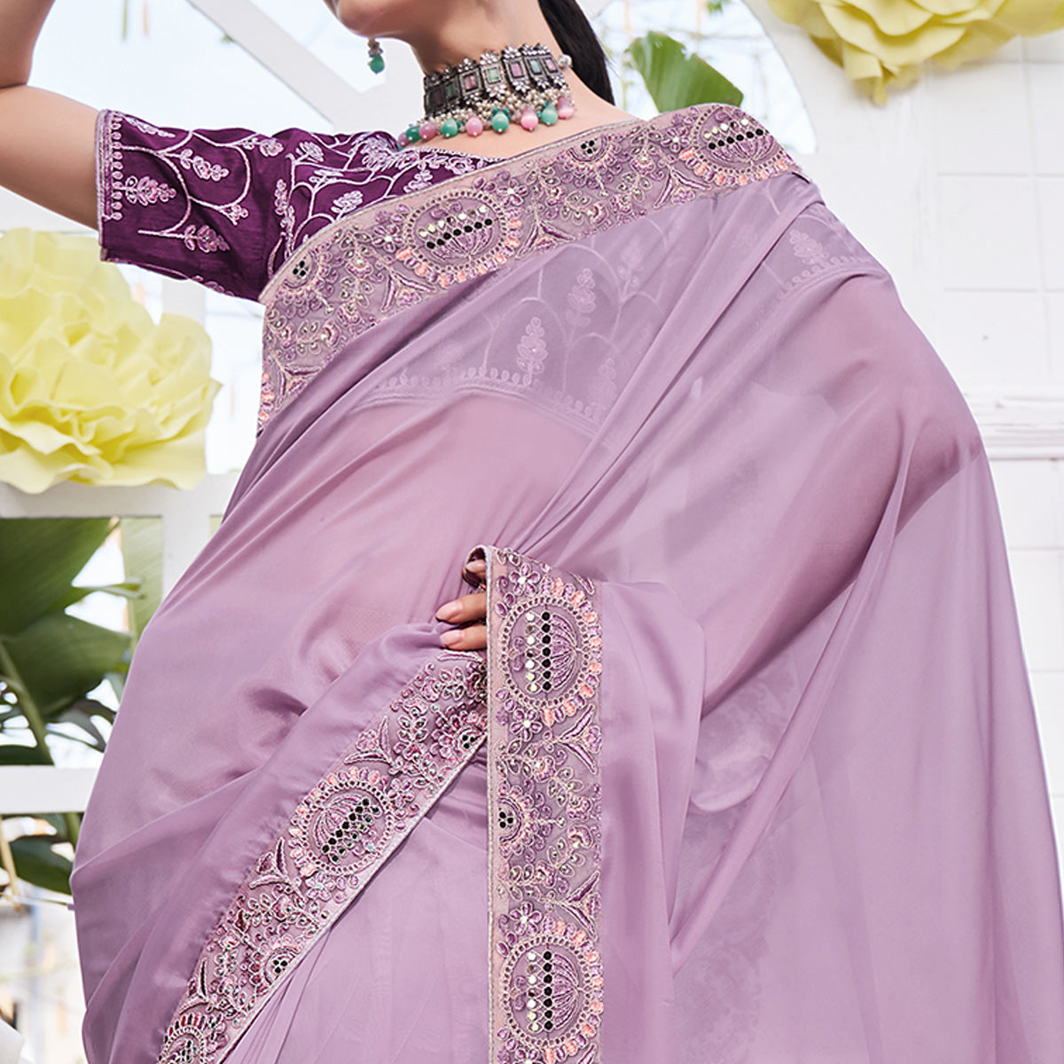 Purple Solid With Embroidered Border Organza Saree