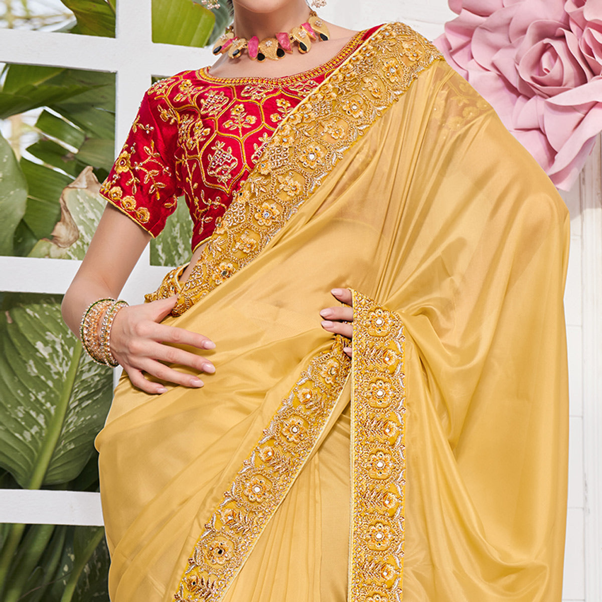 Yellow Solid With Embroidered Border Organza Saree