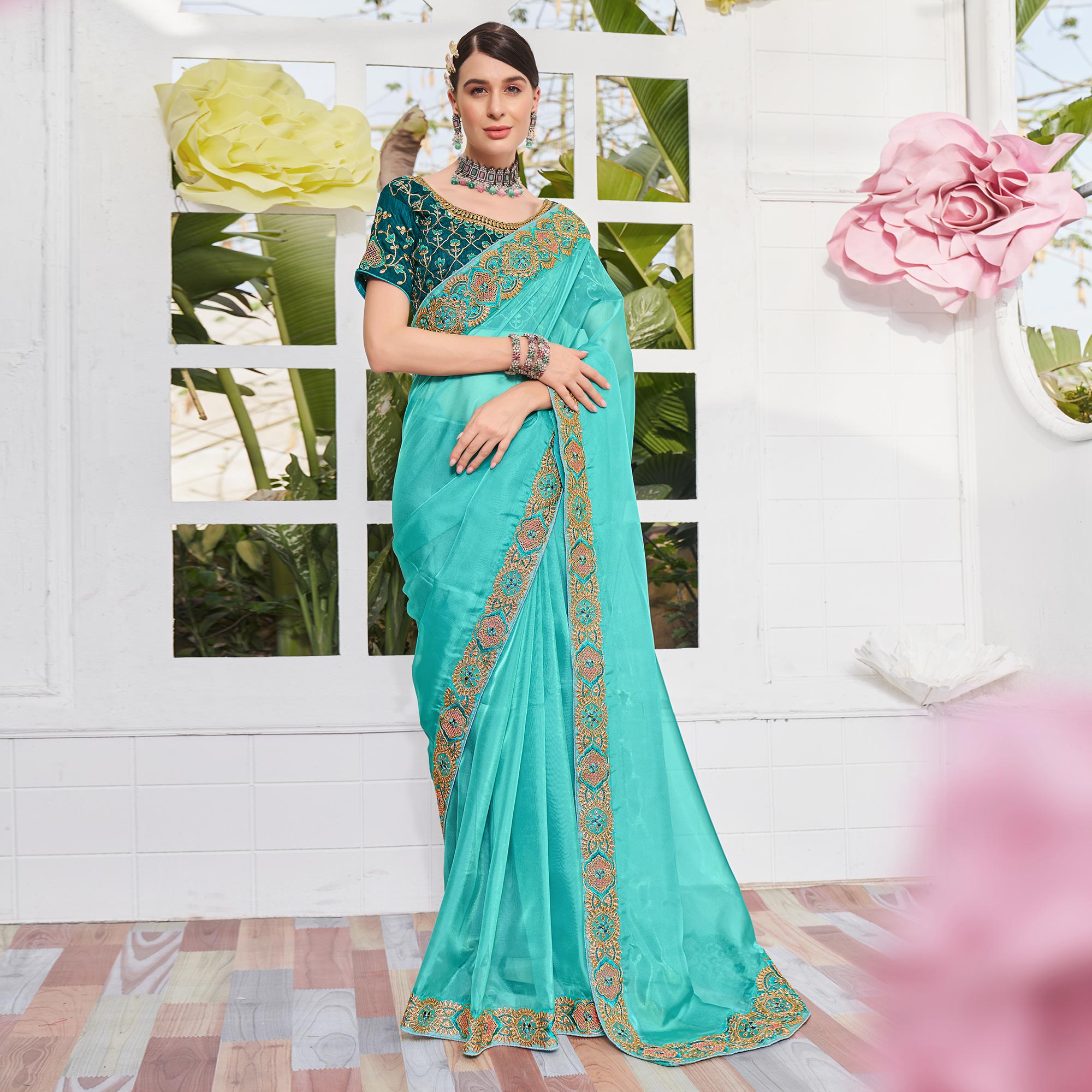 Aqua Blue Solid With Embroidered Border Organza Saree