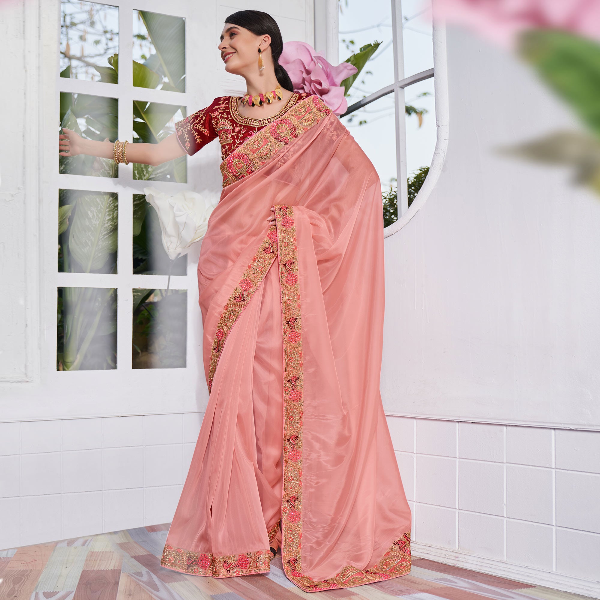 Peach Solid With Embroidered Border Organza Saree