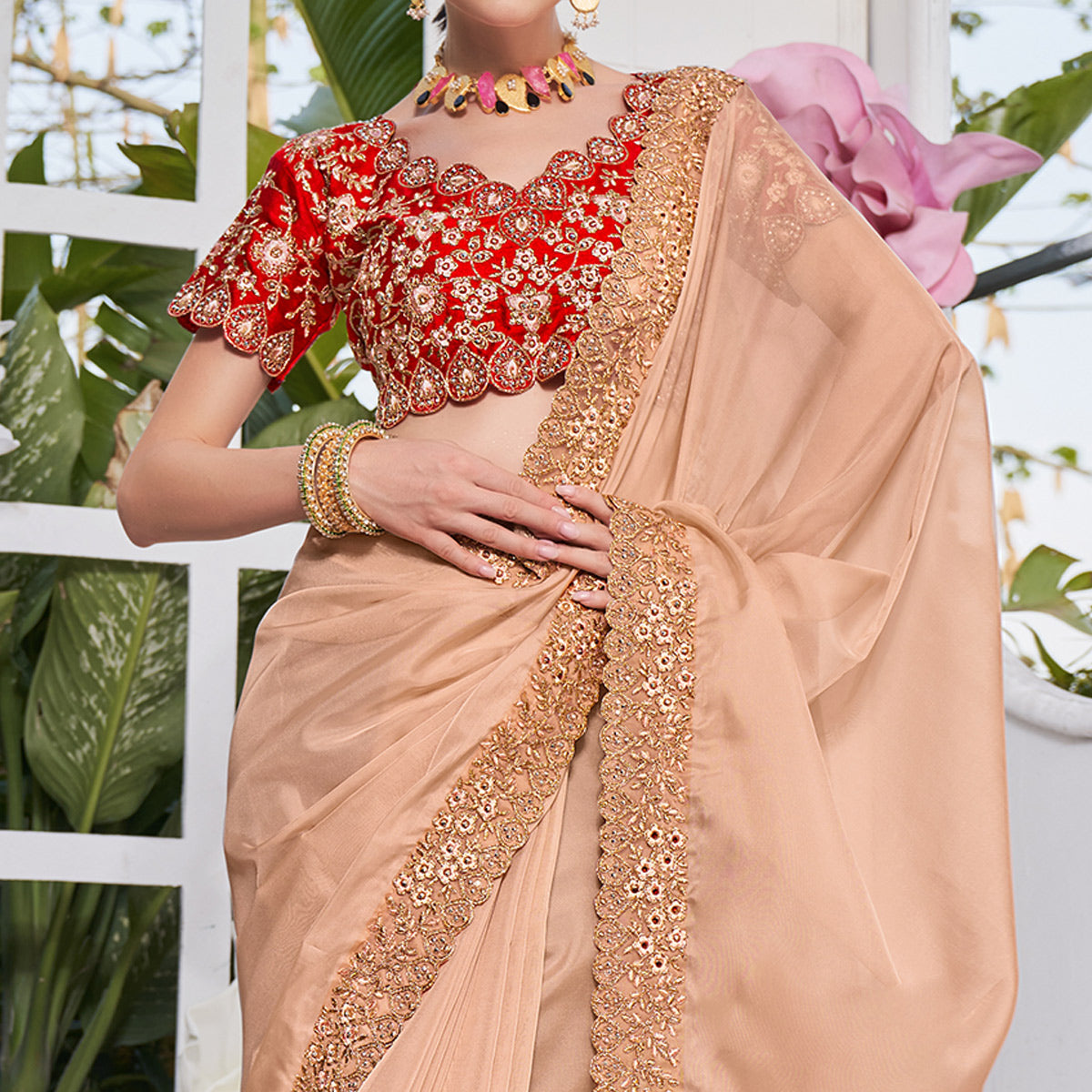 Beige Solid With Embroidered Border Organza Saree